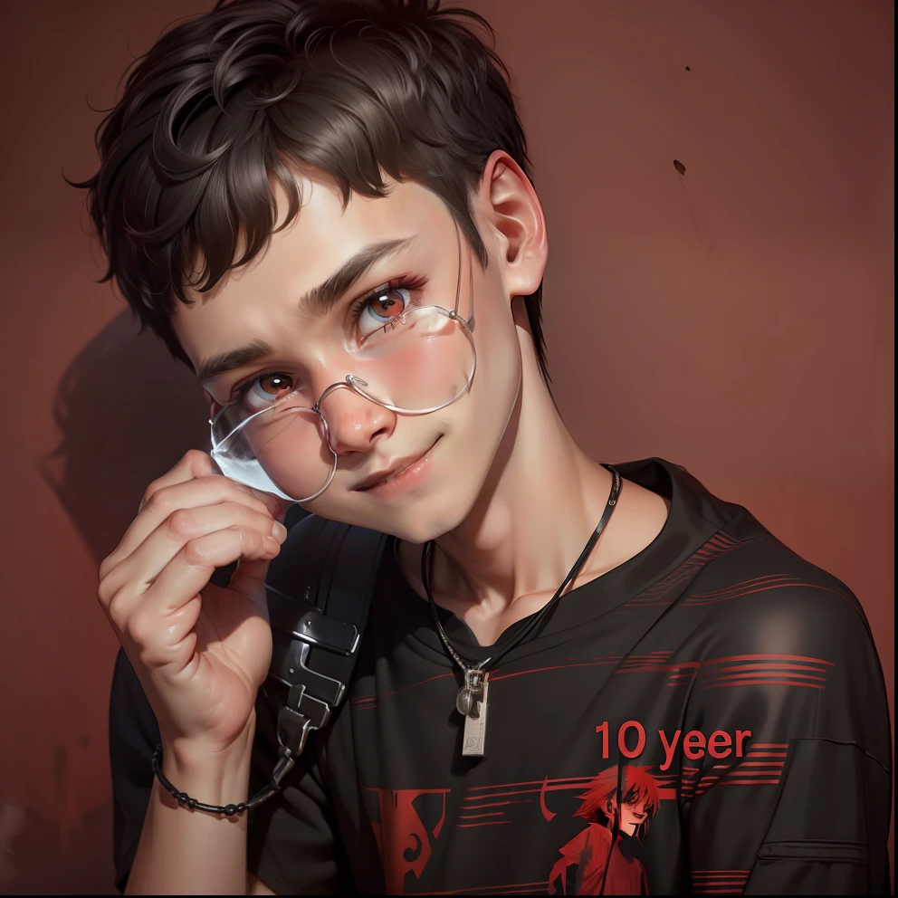 8k ultra realistic 15 year old boy with little smile and red colour t-shirt and black eyes with simple hair