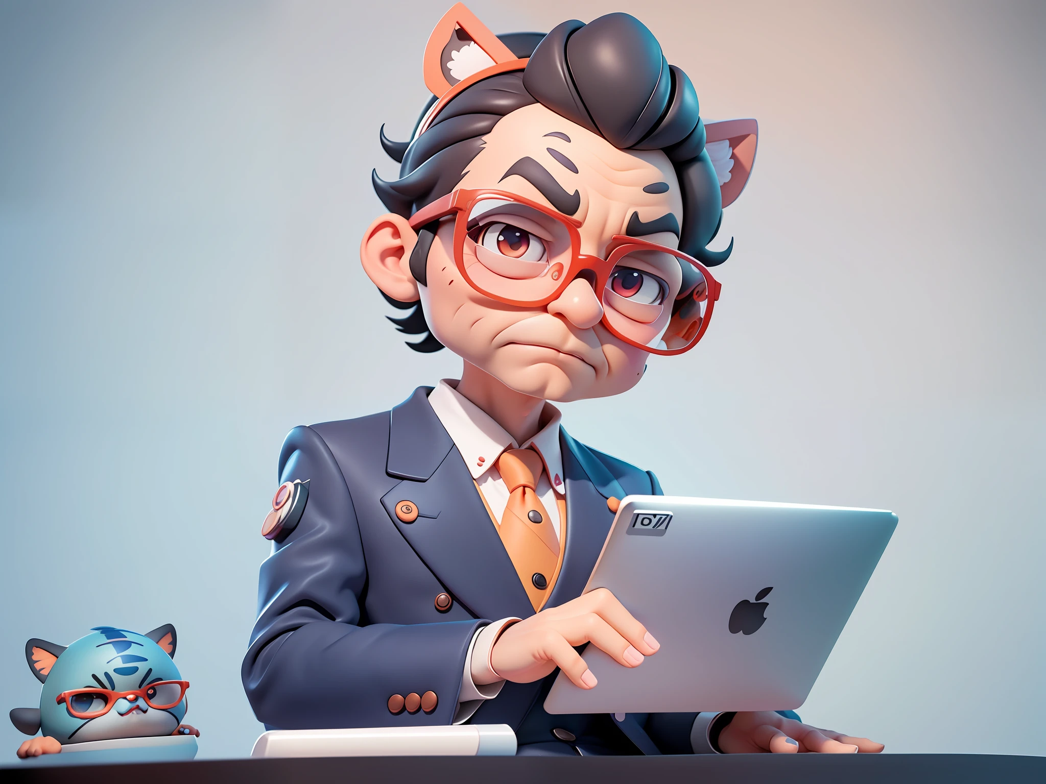 A young man in formal clothes,Short hair and glasses,Sitting at your desk,holding laptop,digitial painting,cartoonish style,4K HD illustration,Very detailed facial features,tigre,Mark Clairdon,by Pixar,3D character design:Hayao Miyazaki and Akira Toriyama, Cartoon-style visuals。