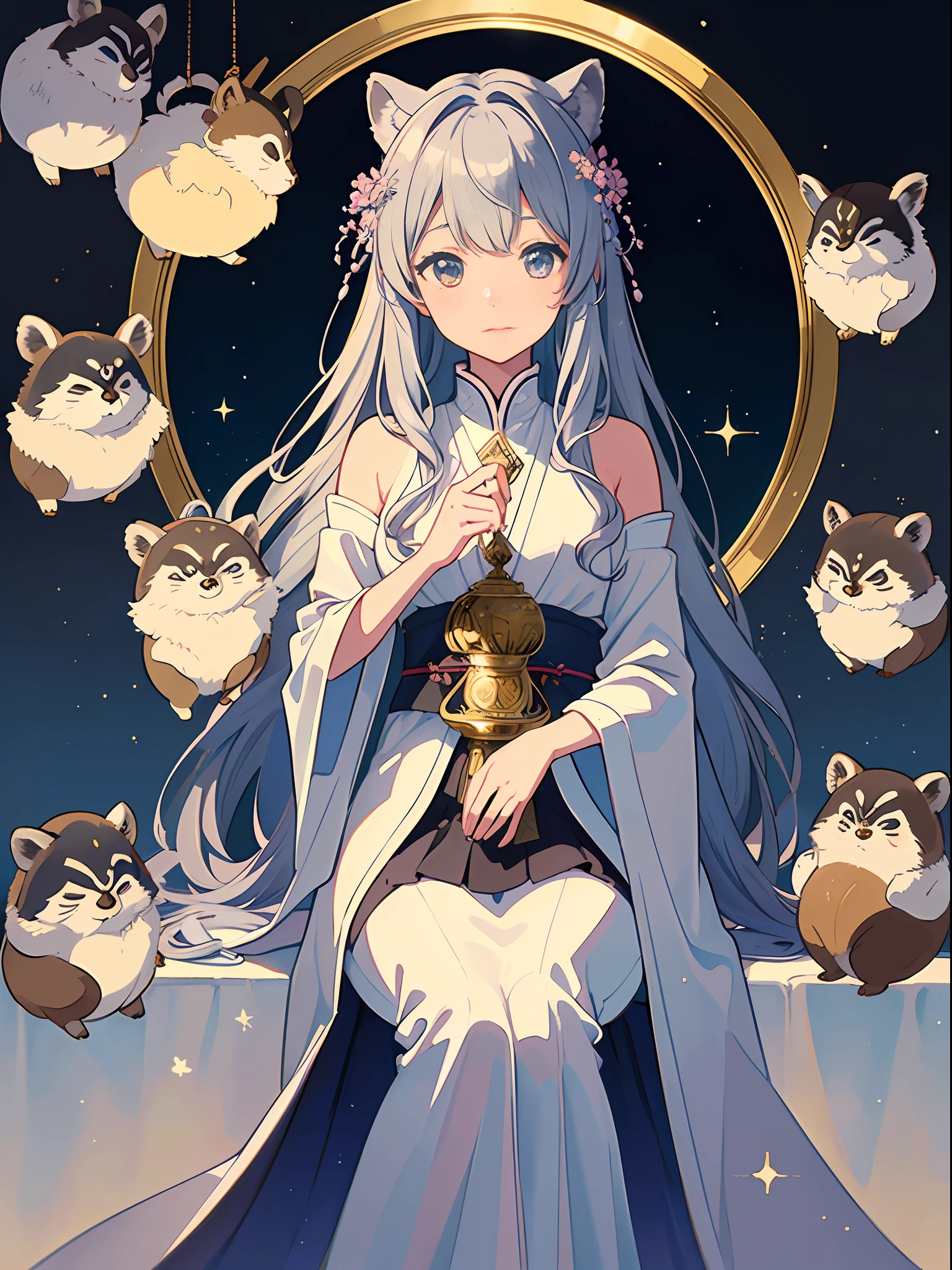 ((8K、masterpiece、top-quality))、sumi-e、ink and watercolor painting、Witches、Silver eyes、Silvery hair、Traditional costumes、Tanuki ears、Raccoon tail、Beautiful light reflection、lensflare、Seasonal geometric patterns、Sakura blizzard、hortensia、Colored leaves、Snowflake、natural、the golden ratio、pastels、Soothing、Soft tones