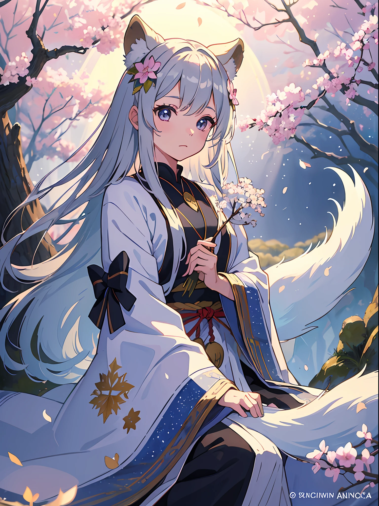 ((8K、​masterpiece、top-quality))、sumi-e、ink and watercolor painting、Witches、Silver eyes、Silvery hair、Traditional costumes、Tanuki ears、Raccoon tail、Beautiful light reflection、lensflare、Seasonal geometric patterns、Sakura blizzard、hortensia、Colored leaves、Snowflake、natural、the golden ratio、pastels、Soothing、Soft tones