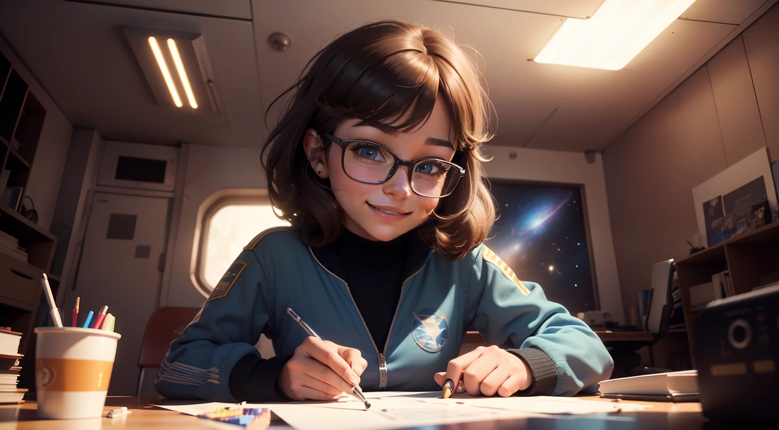 One smiles realistically, but a tired-looking 3D cartoon CGI prodigy, with huge glasses, looks directly into the camera, Sitting in the center of the room at a desk in the interior of a 70s galactic spacecraft, Around the artist's messy bedroom, Things are scattered.