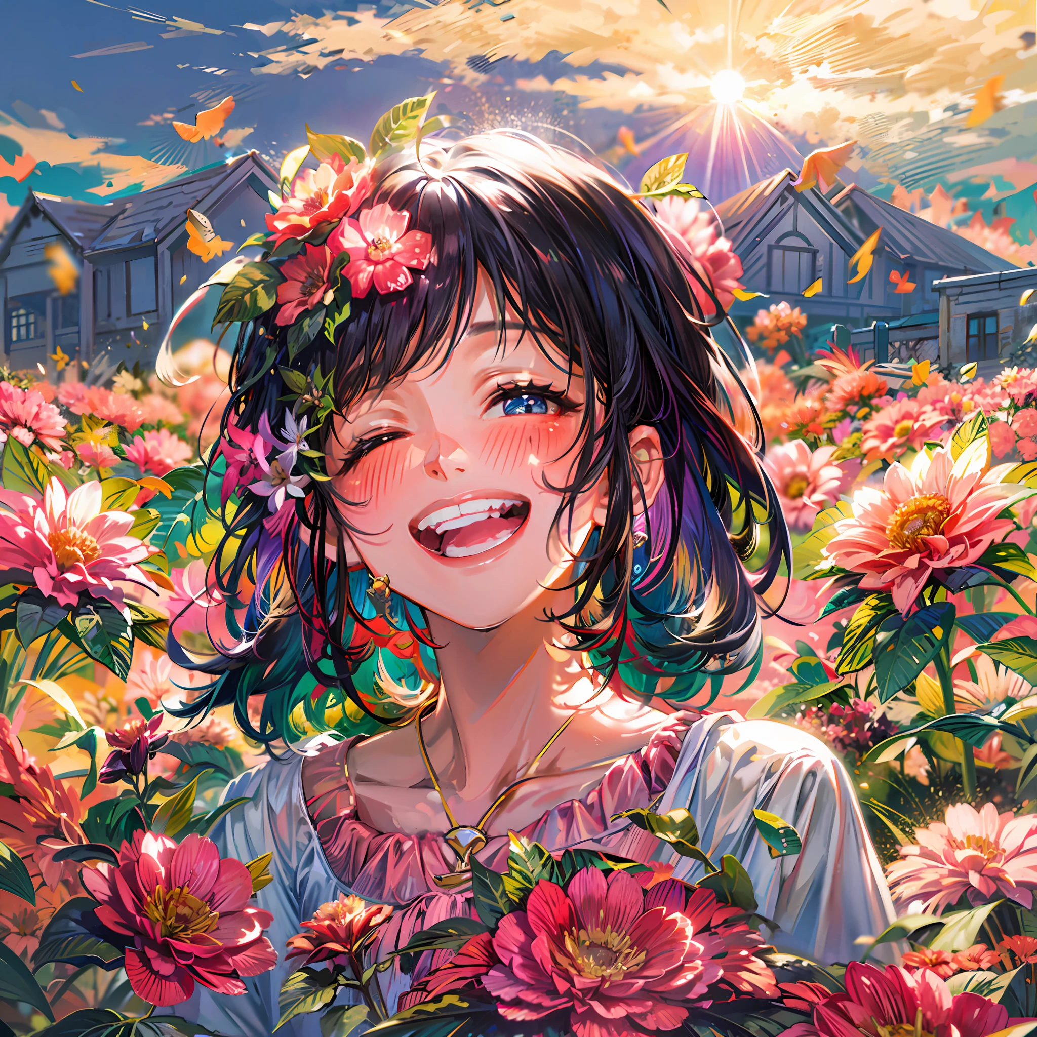 (​masterpiece、top-quality、top-quality)、pixels、Pixel art、女の子1人、full bodyesbian、In a beautiful landscape with the rising sun、This is an 8K ultra-high definition illustration depicting a young woman smiling happily in the glowing sunlight.。She flowers colorful々Standing in a vast flower field colored with、In elegant pose holding a swimsuit with a bright watermelon cut in his hands。

In the background, the sky with the rising sun and a spreading flower field are depicted.、Beautiful colors and breath of nature are felt.。Sunshine shines on the flower garden、florals々The colorful glow brightly illuminates the surroundings。

The young woman who is the subject is、In a short bob with black hair、The inner color is dyed colorfully.。Her smile is illuminated by the morning light、The happy expression is attractive。She lifts a cut of watermelon with both hands、Expressing gratitude to the sun。

Flower garden々Kinds of flowers々Blooming profusely、They create a fantastic atmosphere around her。The birds' singing echoes in the wind、Adds more beauty to the morning silence。