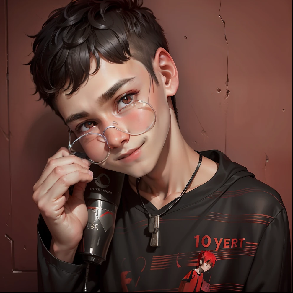 8k ultra realistic 15 year old boy with little smile and red colour t-shirt and black eyes with simple hair