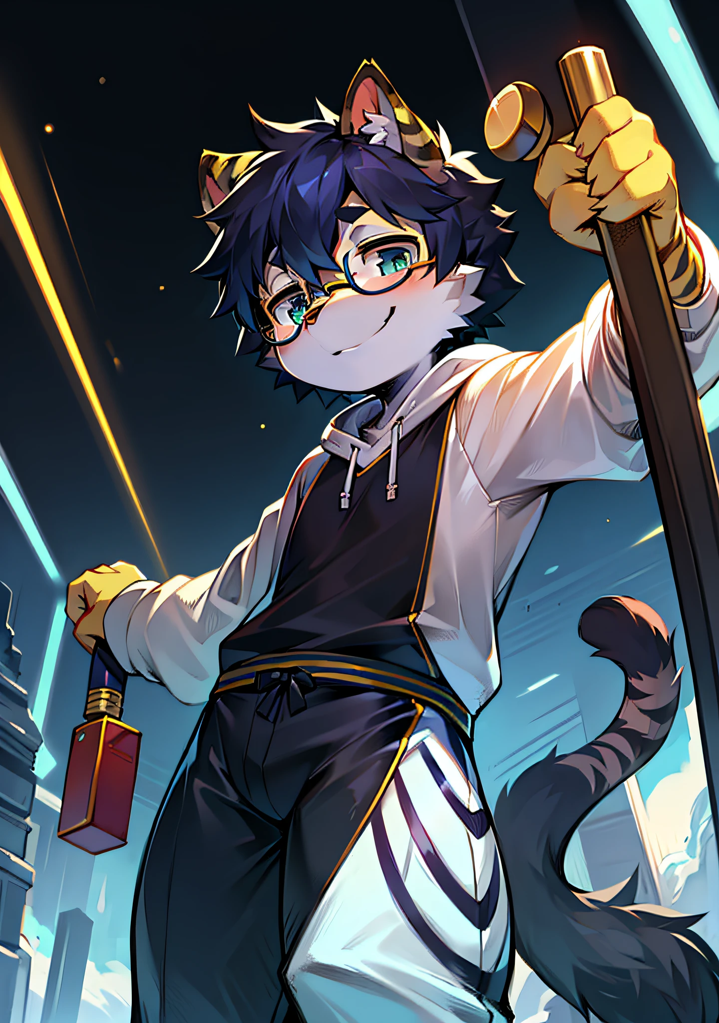 Bright environment:0.8),eyes with brightness, Upper body, Character focus.(detailedbackground:0.7), adolable,furry men,Young age,The head is on the large side,shaggy male,Sunny and cheerful,Smiling,Wear blue and black glasses,White sweatshirt,tigre,(Long felines,Shota,Normal standing posture)Steady and secure,Laser sword