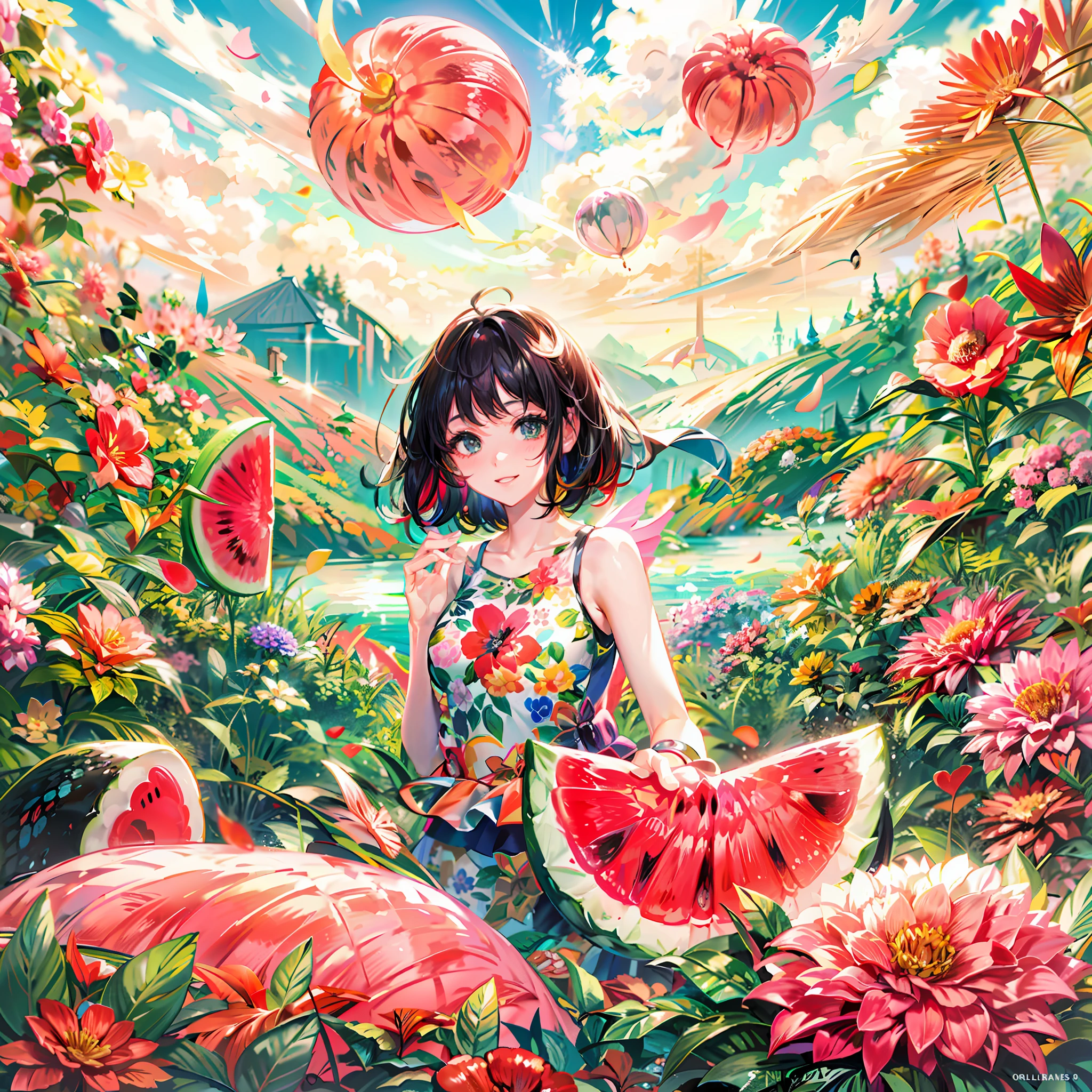 (​masterpiece、top-quality、top-quality)、pixels、Pixel art、女の子1人、full bodyesbian、In a beautiful landscape with the rising sun、This is an 8K ultra-high definition illustration depicting a young woman smiling happily in the glowing sunlight.。She flowers colorful々Standing in a vast flower field colored with、In elegant pose holding a swimsuit with a bright watermelon cut in his hands。

In the background, the sky with the rising sun and a spreading flower field are depicted.、Beautiful colors and breath of nature are felt.。Sunshine shines on the flower garden、florals々The colorful glow brightly illuminates the surroundings。

The young woman who is the subject is、In a short bob with black hair、The inner color is dyed colorfully.。Her smile is illuminated by the morning light、The happy expression is attractive。She lifts a cut of watermelon with both hands、Expressing gratitude to the sun。

Flower garden々Kinds of flowers々Blooming profusely、They create a fantastic atmosphere around her。The birds' singing echoes in the wind、Adds more beauty to the morning silence。