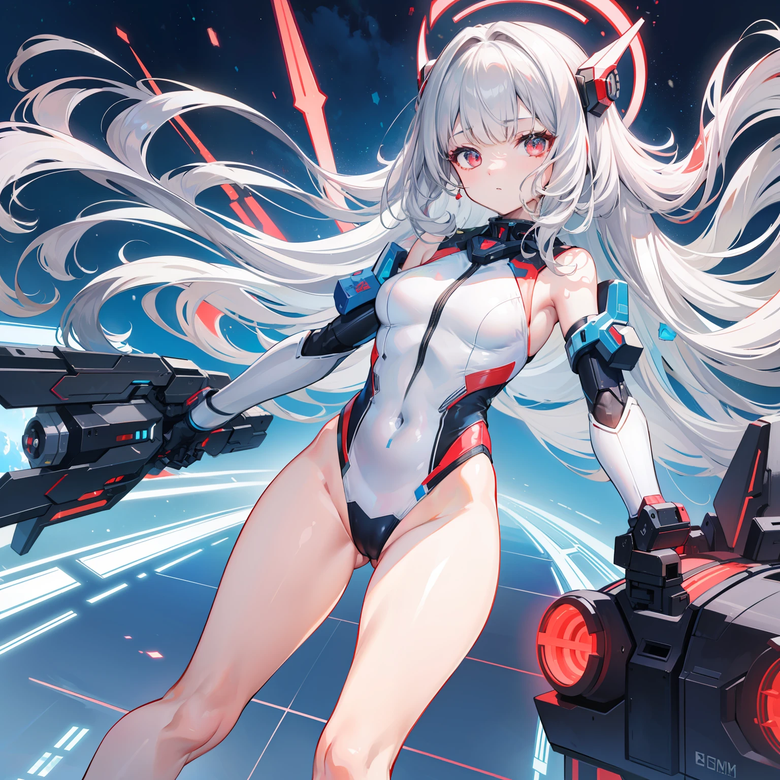 mecha-girl,Silver hair, Curly hair, hime-cut, Very long hair, red color eyes, High-fork swimsuit,flatchest,foot out of frame, futurism, Anatomically correct, hyper HD,scifi lab,Sky blue tones,expressiveless
