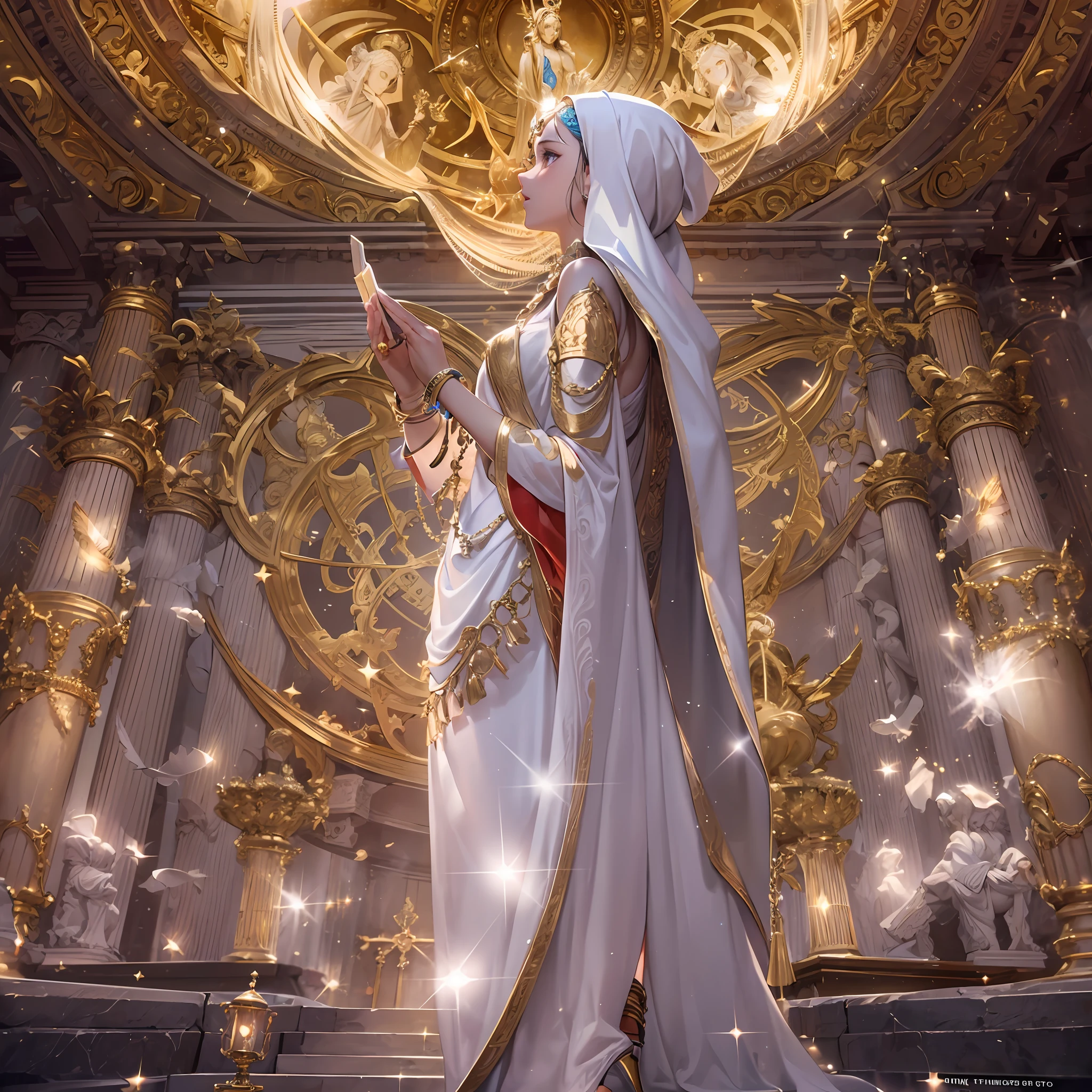 ((best qualtiy)), (in high definition with HD texture),(Anatomically correct,)((tmasterpiece)), (the detail:1.4), Goddess in white Greek robes prays to the sky,movie level lighting,Extreme color,Super rich detail,Milky Way Starry Sky,(Gold-tone anklet),high-heels,sacred place