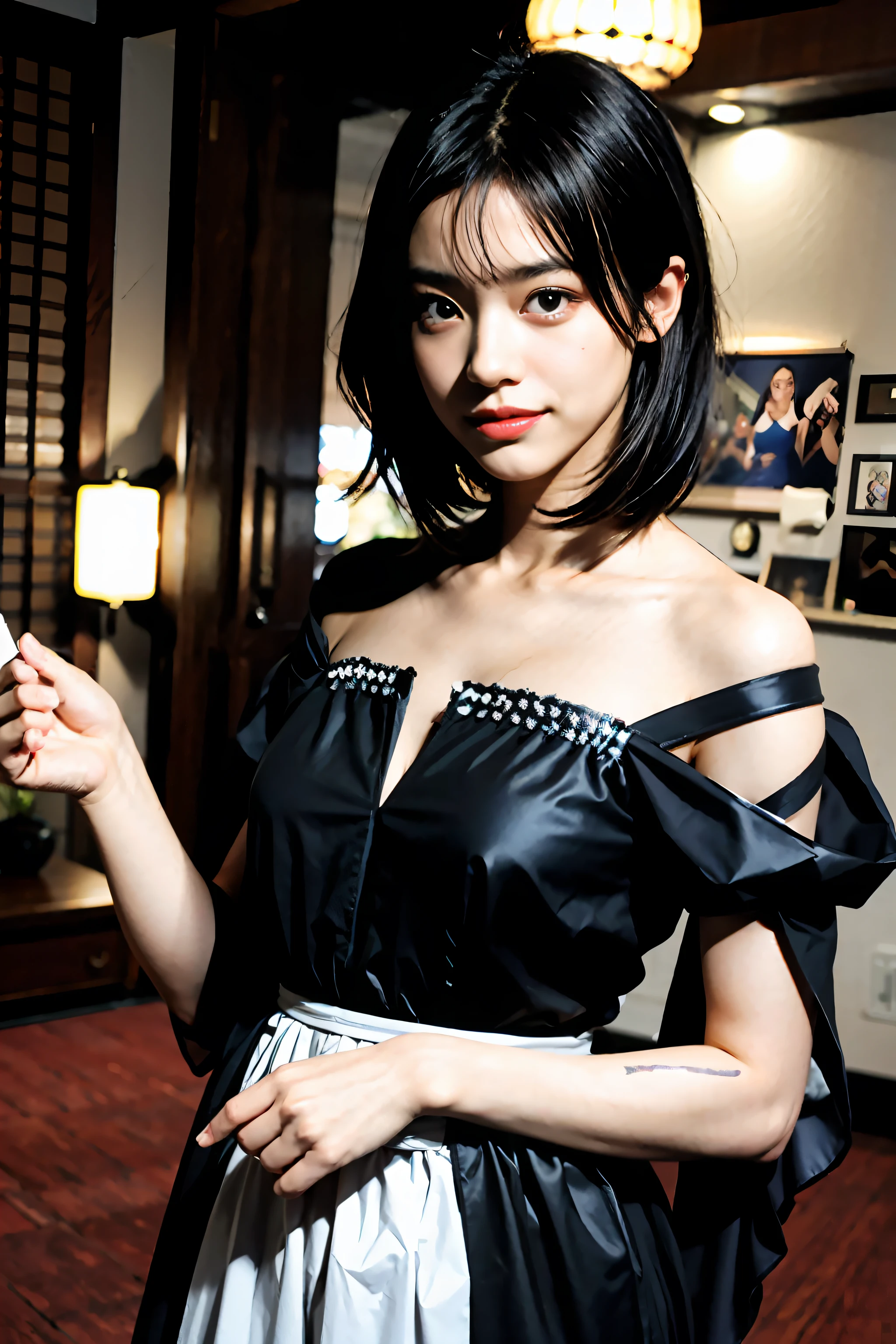 （（tmasterpiece：1.4，best qualtiy））， （（tmasterpiece，best qualtiy））， （photograph realistic：1.4）， middlebreast， Japanese actressl， black big eyes， adolable， 年轻， ssmile， profesional lighting， physically-based renderingt，Chiffon dress