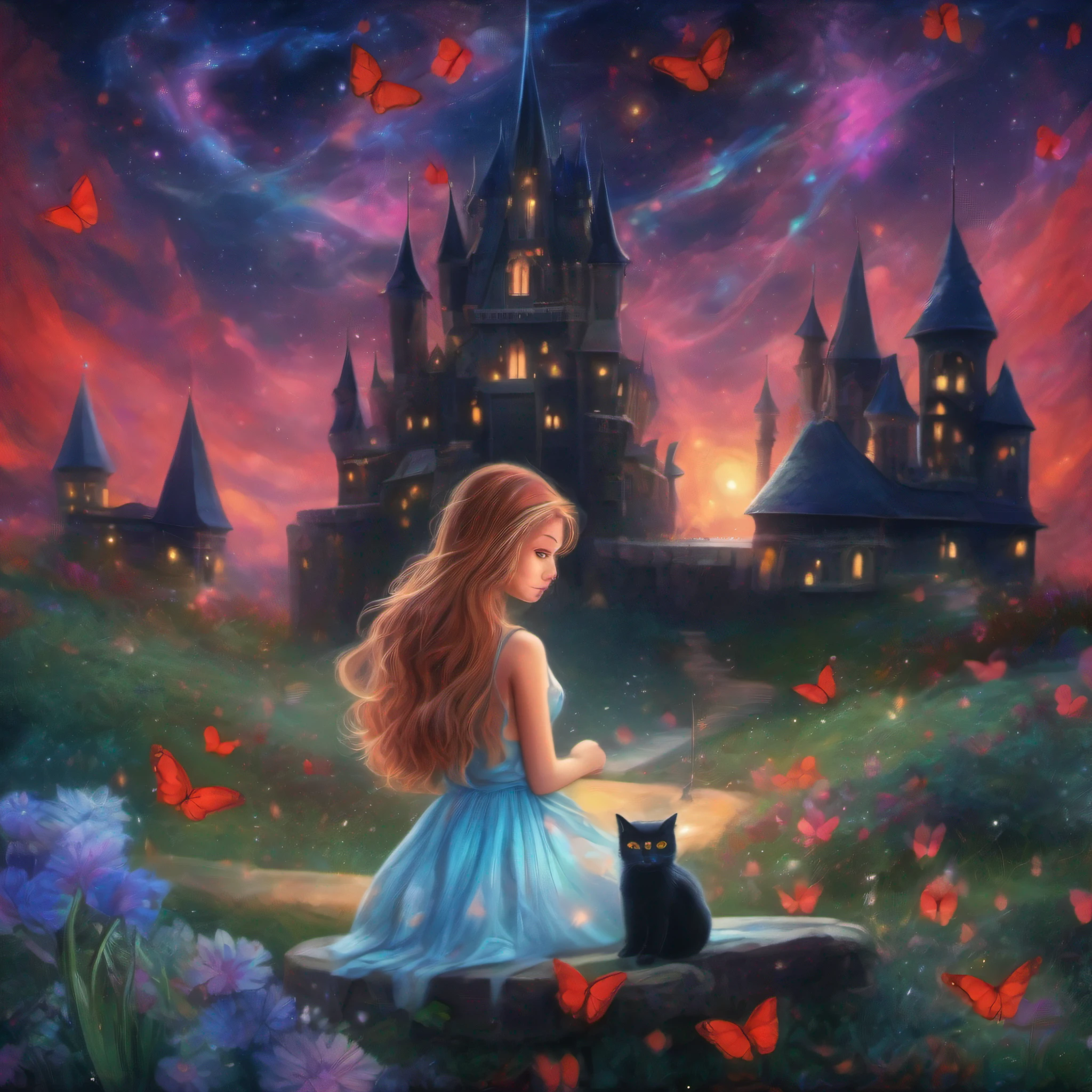 Panorama of a black candle-shaped castle with a glowing galaxy in the background. (a cat and a stunningly beautiful girl), a girl with her hair tied in a large red silk ribbon. She is a black-eyed beauty wearing a blue-black camisole. 4K resolution acrylic painting. Spring outskirts Colorful butterflies and flower petals flutter in the sky. Pastel colorful background Near perfection.