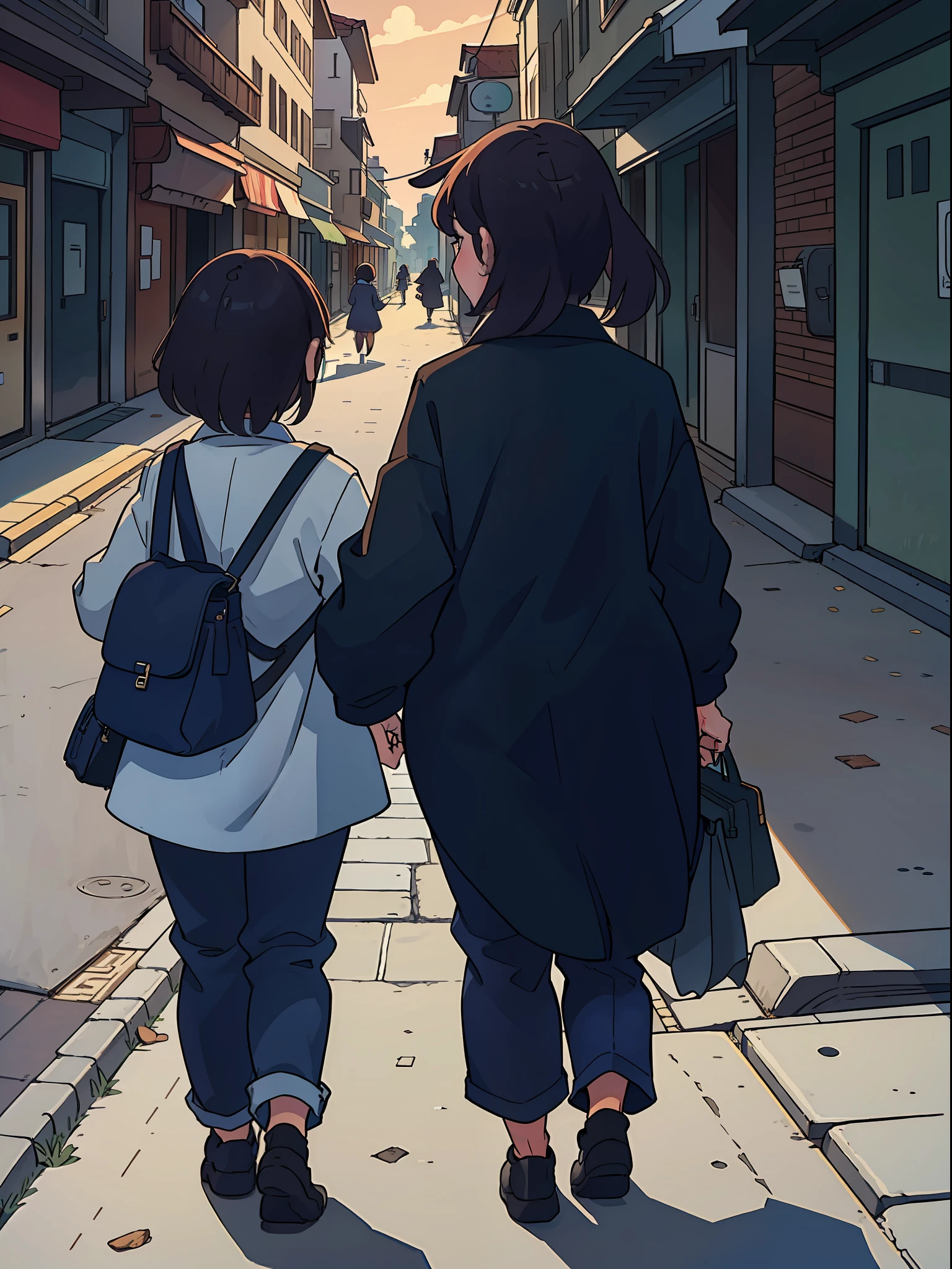 The back of a middle-aged woman walking down the street with a ,2d,Back Shadow,middle aged women,Maternal love
