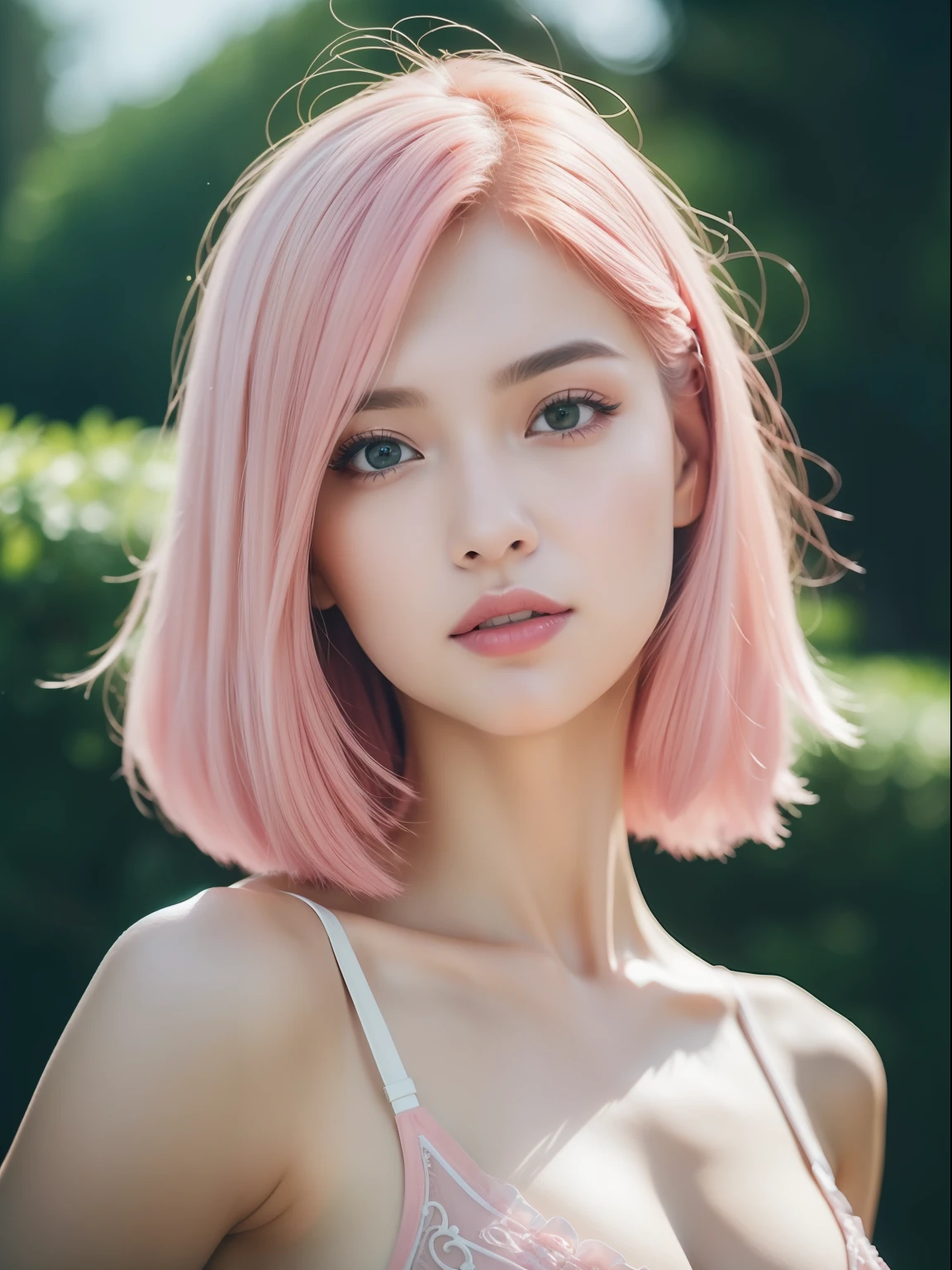 (masterpiece:1.4, best quality), (intricate details), unity 8k wallpaper, ultra detailed, beautiful and aesthetic, perfect lighting, (1girl), (pink hair, green eyes, medium breasts),, dynamic pose, dynamic angle,  lipstick, slim, slim body, medium breasts, , detailed background, realistic, solo, perfect detailed face, detailed eyes, highly detailed, blush, hair ornament, rolling_eyes, cross-eyed,