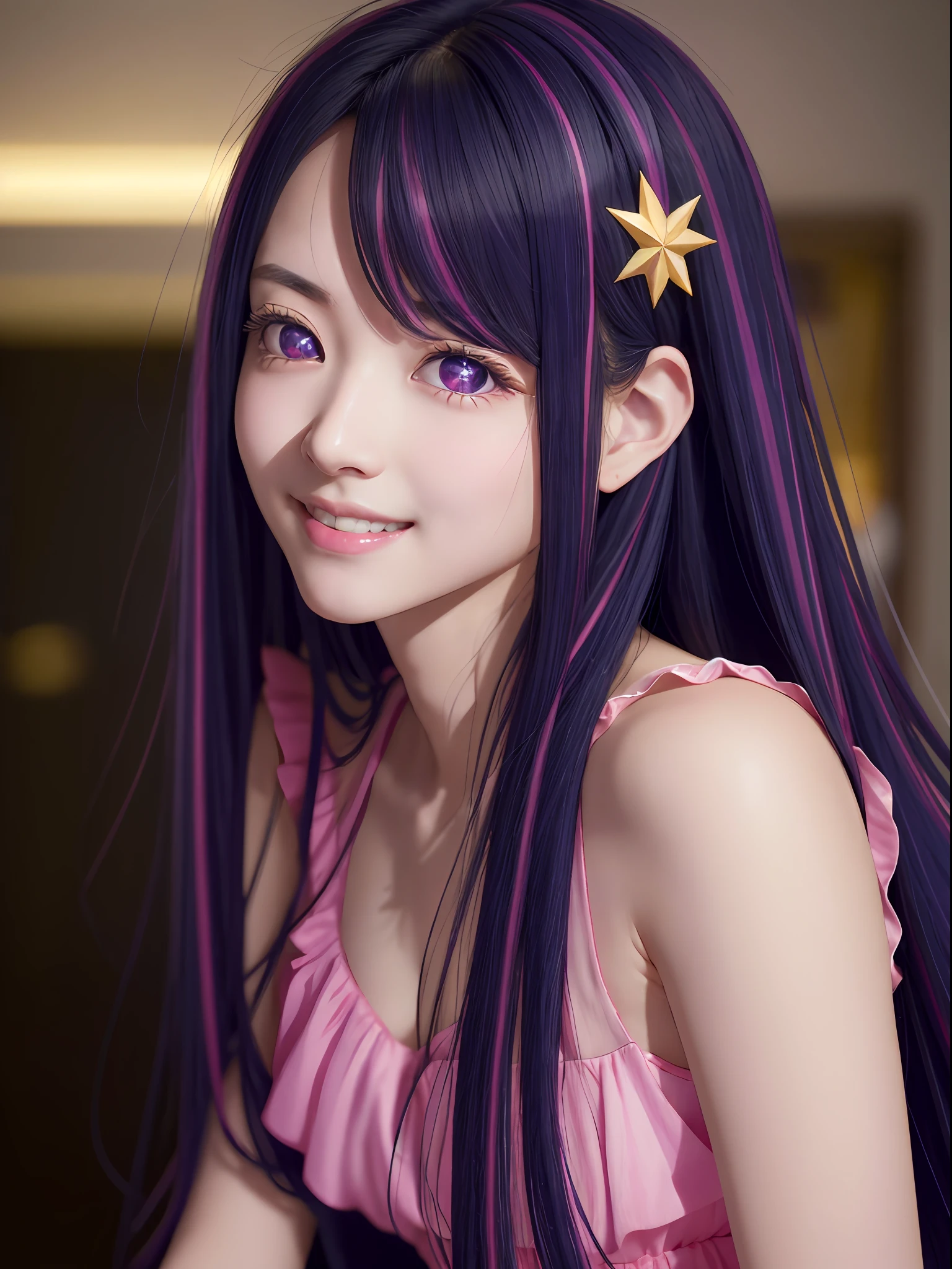 hoshino Ai, long hair, purple hair, streaked hair ,purple eyes, star-shaped pupils, hair ornament,  star-shaped pupils, pink beautifull dress, full body, legs focus, (1 girl), (masterpiece, best quality:1.4),  1girl, solo, sfw, stunning girlfriend, (standing:1.1), heart shaped face, elegant face, beautiful face, highly detailed face, highly detailed skin, skin pores, subsurface scattering, medium breast, loving smile, looking at viewer, full face blush, full lips, detailed background, depth of field, atmospheric perspective, volumetric lighting, sharp focus, absurdres, realistic proportions, good anatomy, (realistic, hyperrealistic:1.4), 16k hdr,