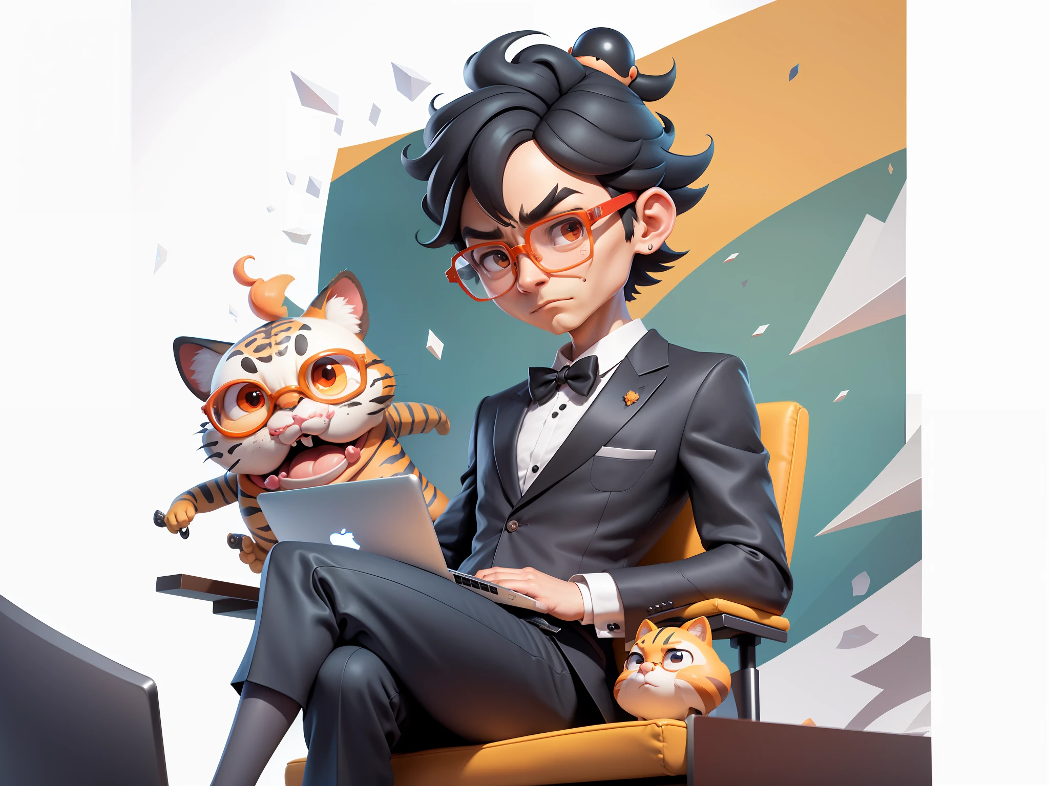 A young man in formal clothes,Short hair and glasses,Sitting at your desk,holding laptop,digitial painting,cartoonish style,4K HD illustration,Very detailed facial features,tigre,Mark Clairdon,by Pixar,3D character design:Hayao Miyazaki and Akira Toriyama, Cartoon-style visuals。