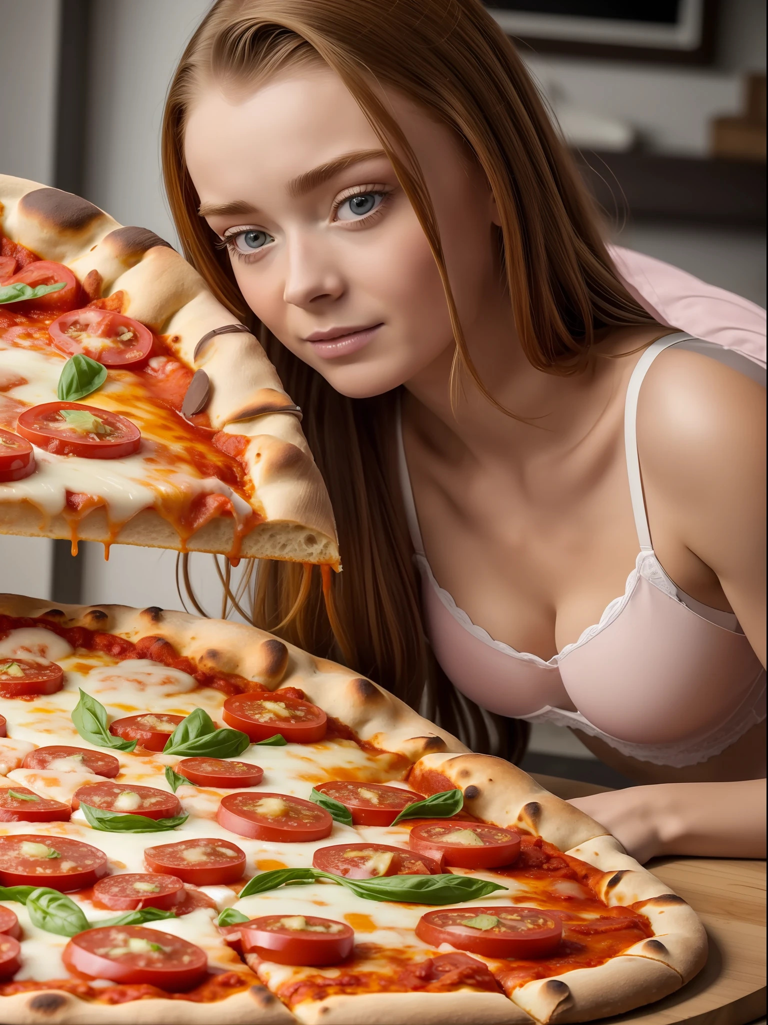 ((best qulaity, 8K, Meisterwerk: 1.3)), scharfer Fokus: 1.2, ((Sadie Sink lies in her underwear on a huge pizza: 1.4)), Schlanker Bauch: 1.2, (small and beautiful hard nipple) , ((Body and face full of tomato sauce: 1.1)), Hochdetaillierte Gesichts- und Hautstruktur, Spaltung,