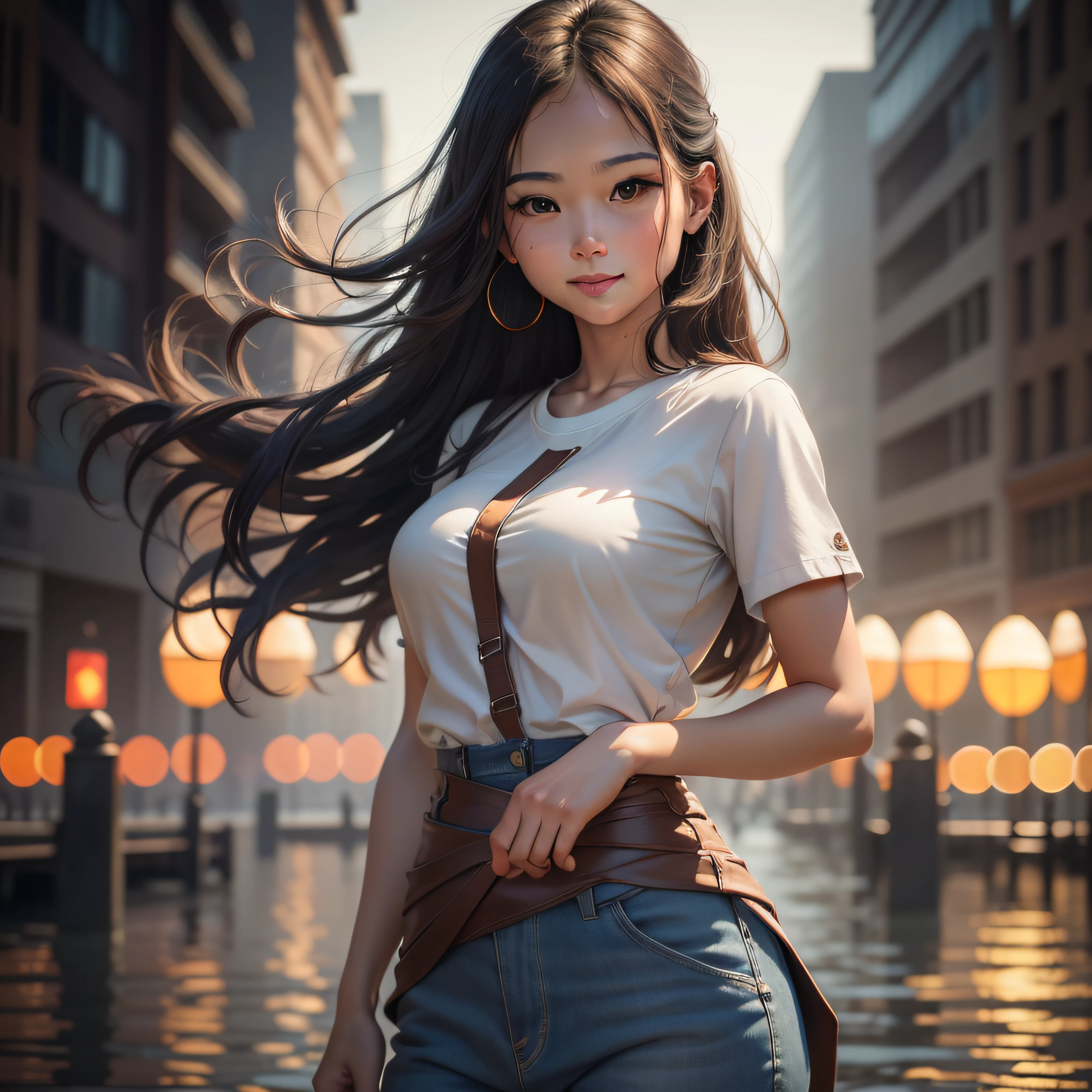 (8k, RAW photo, best quality, masterpiece: 1.2), (realistic, photorealistic photo: 1.37), ultra detail, super high resolution, 1 girl, looking at the viewer, beautiful detail face, smile, narrow, (thin waist: 1.3), shirt, beautiful detail skin, skin texture, floating hair, professional lighting,