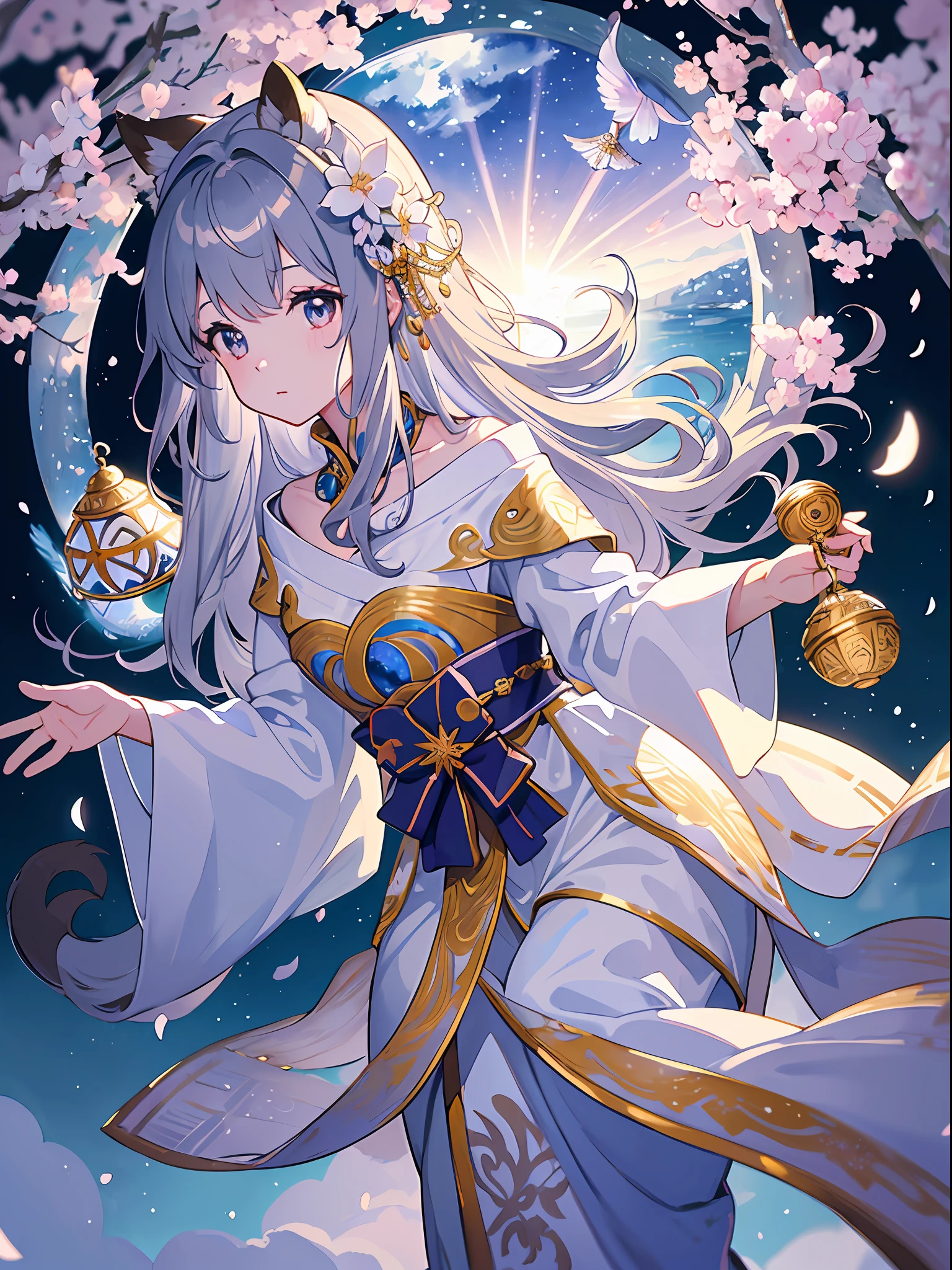 ((8K、masterpiece、top-quality))、sumi-e、ink and watercolor painting、Witches、Silver eyes、Silvery hair、Traditional costumes、Tanuki ears、Raccoon tail、Beautiful light reflection、lensflare、Seasonal geometric patterns、Sakura blizzard、hortensia、Colored leaves、Snowflake、natural、the golden ratio、pastels、Soothing、Soft tones