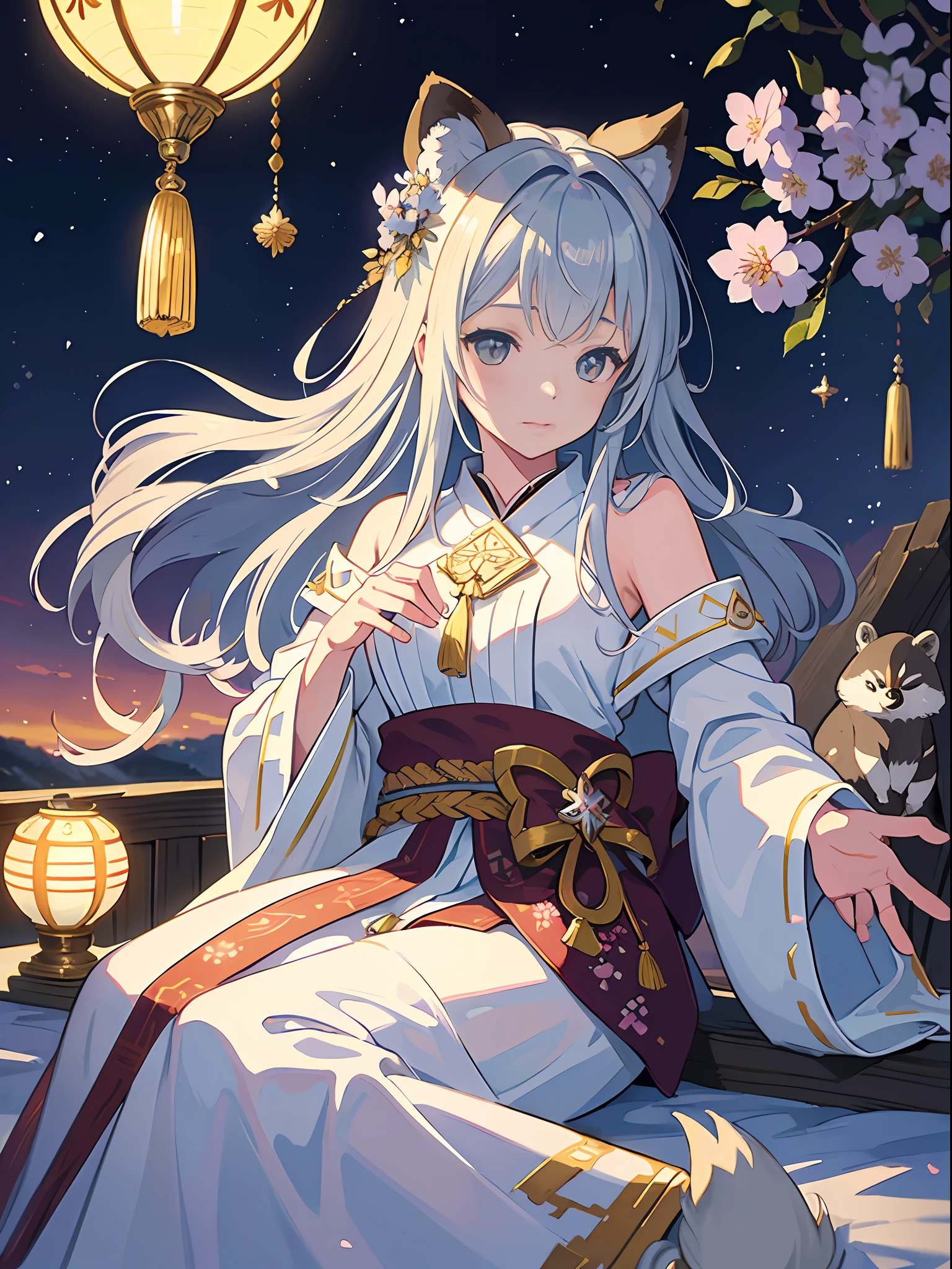 ((8K、masterpiece、top-quality))、sumi-e、ink and watercolor painting、Witches、Silver eyes、Silvery hair、Traditional costumes、Tanuki ears、Raccoon tail、Beautiful light reflection、lensflare、Seasonal geometric patterns、Sakura blizzard、hortensia、Colored leaves、Snowflake、natural、the golden ratio、pastels、Soothing、Soft tones