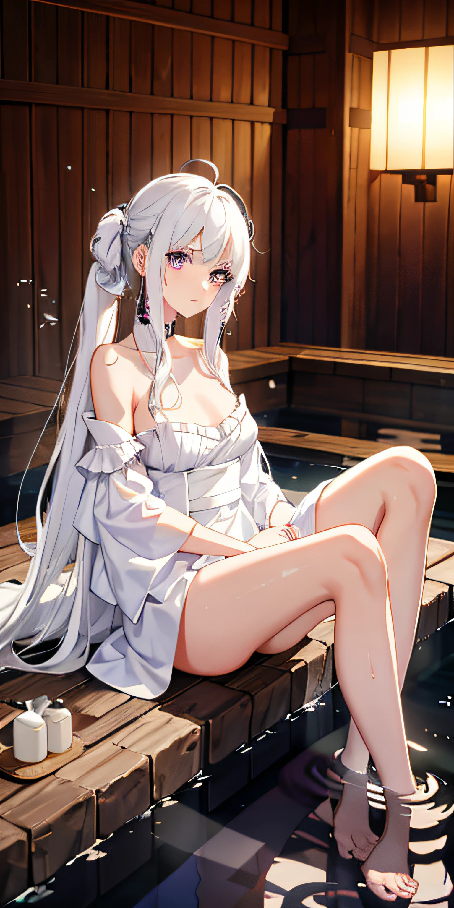 1girl, White hair, Purple eye, sportrait, photorealestic,Long legs,Ruffle your hair,Towels, (onsen), sidelighting, wallpaper, nsfw,