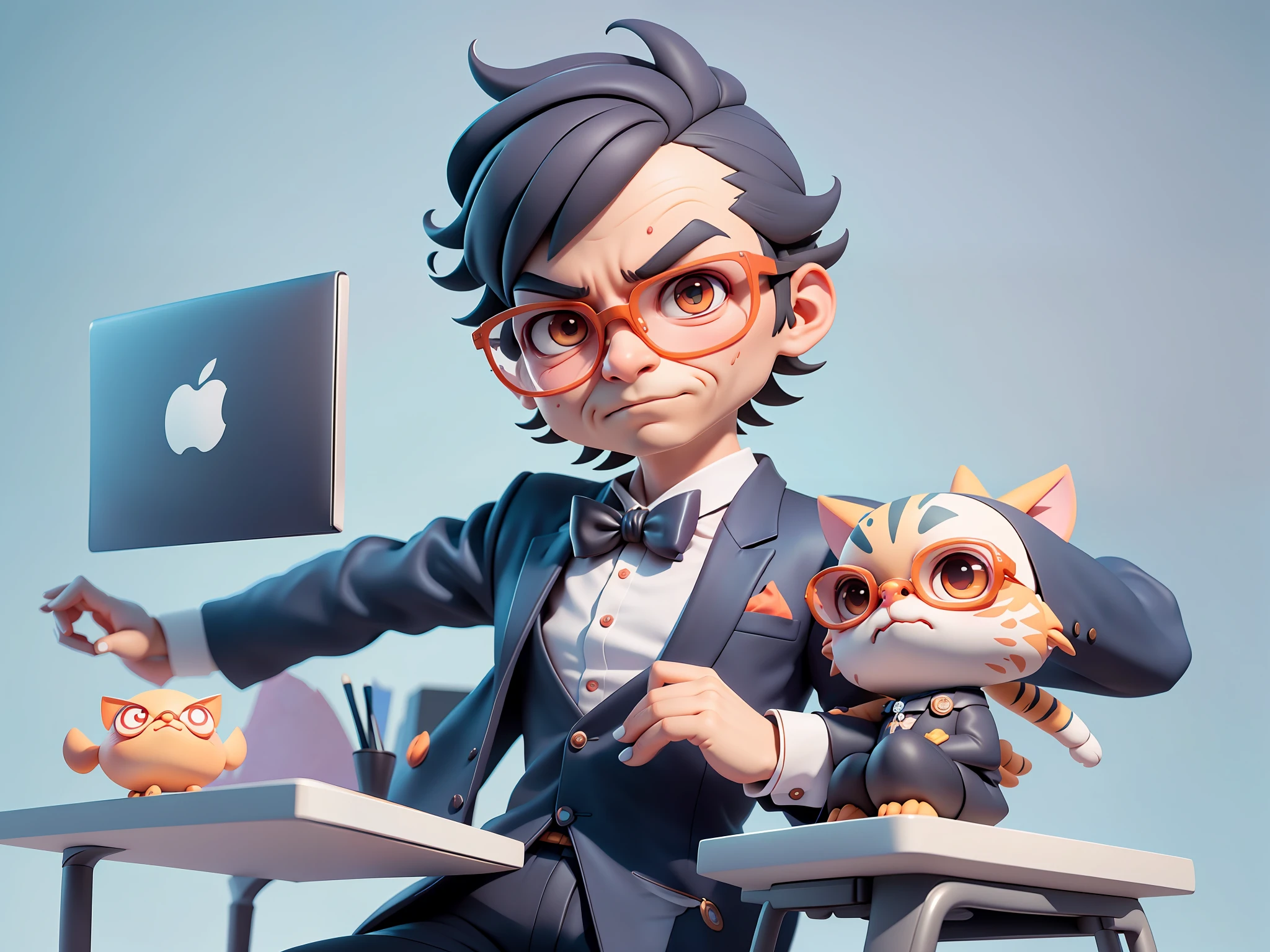 A young man in formal clothes，Short hair and glasses，Sitting at your desk，holding laptop，digitial painting，cartoonish style，4K HD illustration，Very detailed facial features，tigre，Mark Clairdon，by Pixar，3D character design：Hayao Miyazaki and Akira Toriyama, Cartoon-style visuals。