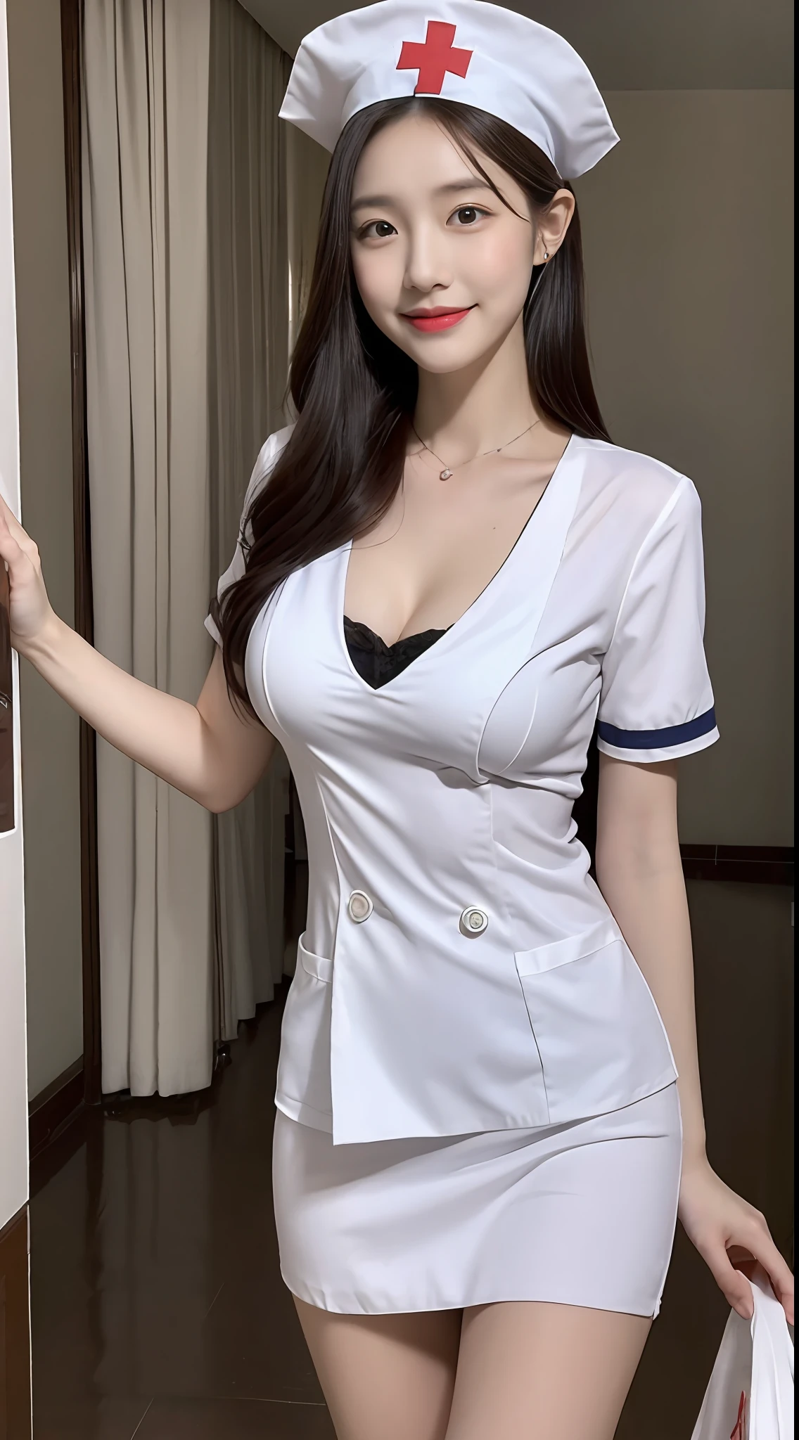 one-girl，Exquisite facial features，ssmile，Royal Sister，Movie Angle，超高分辨率，8K，Parameters of the best quality，tmasterpiece，Detailed skins，Hyper-detail of surrealism，super detailing，Nurse Cosplay，nurses，Nurse's uniform，Nurse badge，full bodyesbian，Bigchest，Big breasts Thin waist，little breast，delicate hand，a skirt，Nurse hat，sexy nurse outfit，