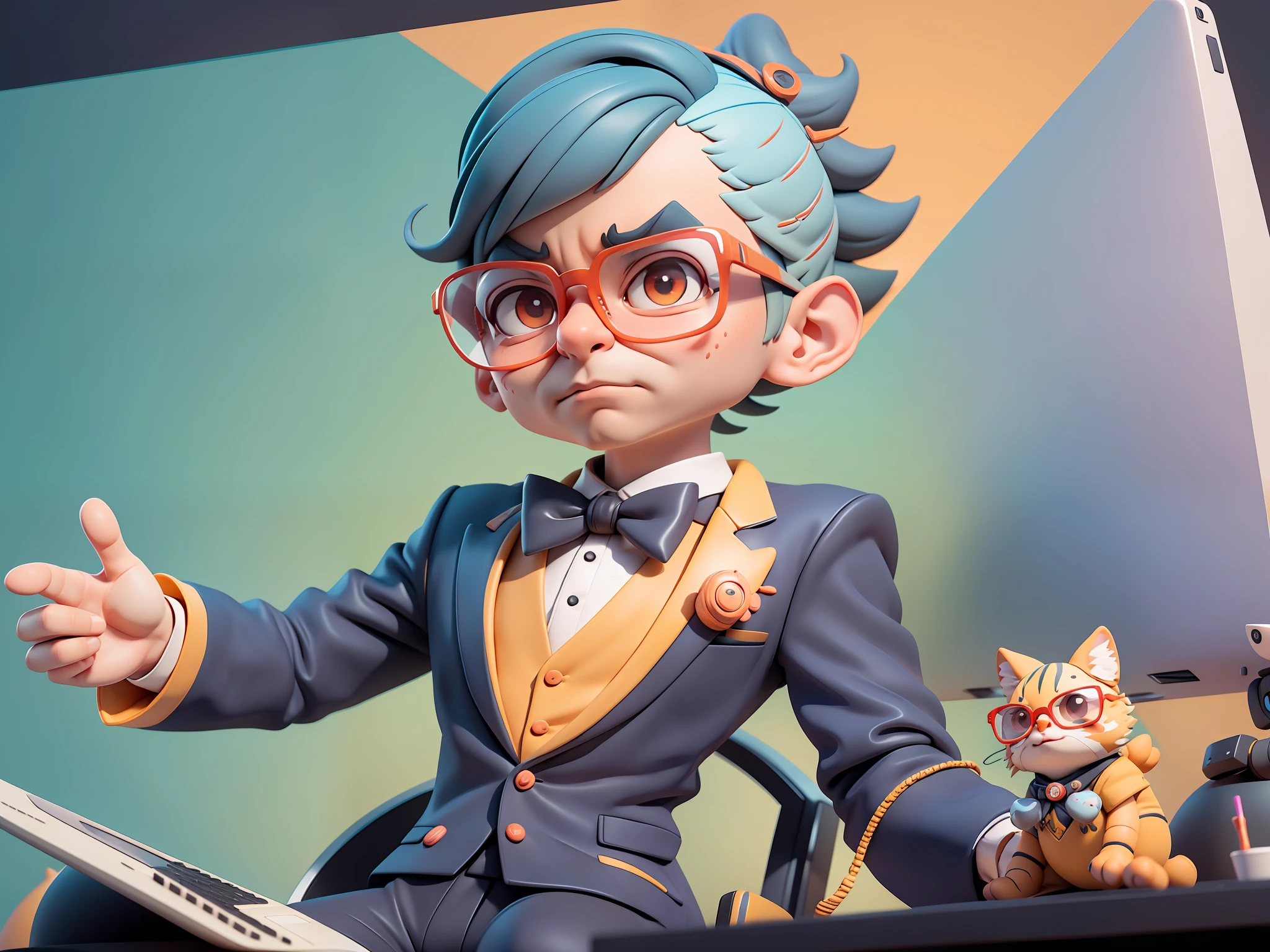 A young man in formal clothes，Short hair and glasses，Sitting at your desk，holding laptop，digitial painting，cartoonish style，4K HD illustration，Very detailed facial features，tigre，Mark Clairdon，by Pixar，3D character design：Hayao Miyazaki and Akira Toriyama, Cartoon-style visuals。