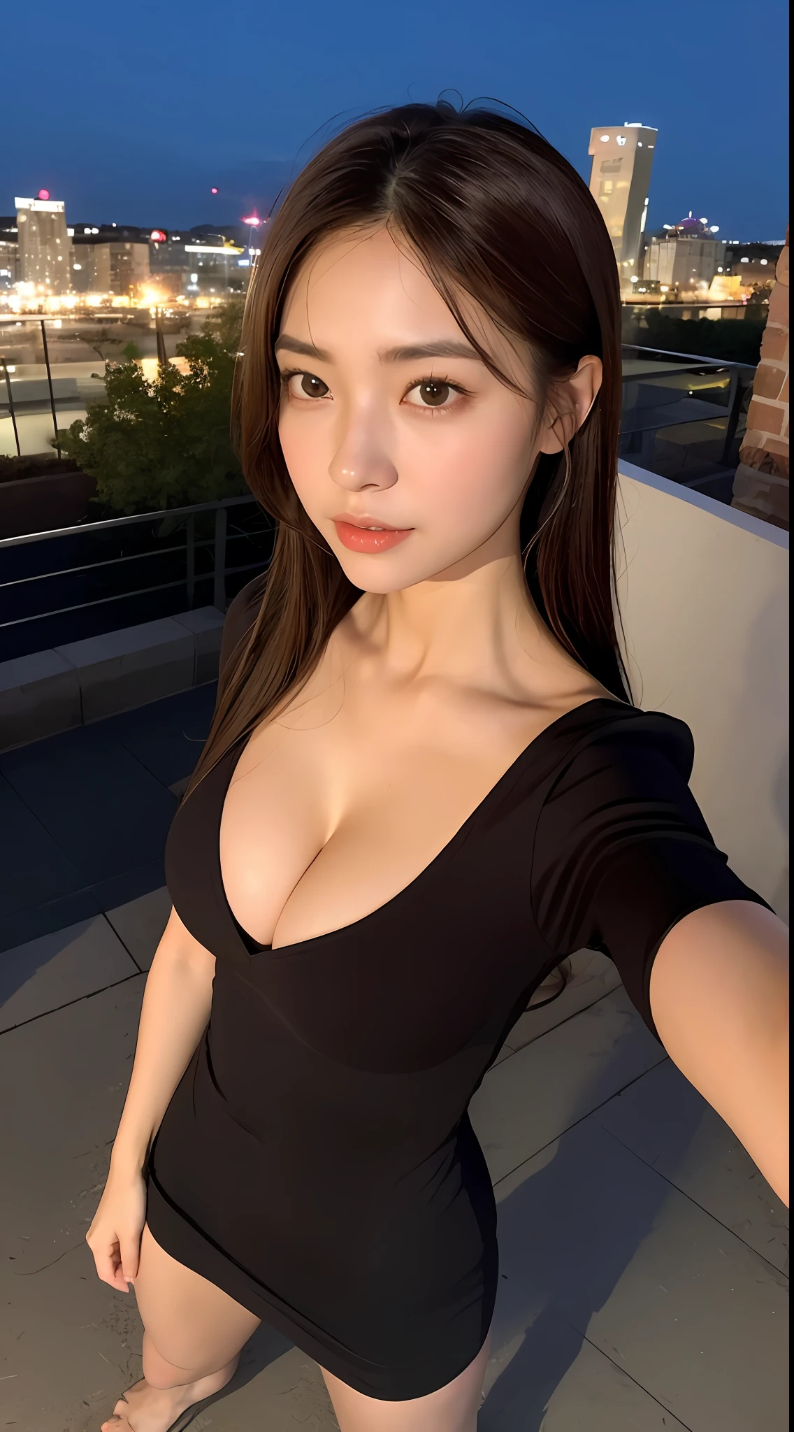 （（midynight， best qualtiy， 8k， tmasterpiece ：1.3））， full bodyesbian， long leges， Sharp focus ：1.2， A beautiful woman with a perfect figure ：1.4， Slender abs ：1.1， （（dark brown  hair， gigantic cleavage breasts ：1.2））， （white tight t-shirt，cleavage， standing on your feet：1.2）， （nighttime scene， the roof：1.3））， Highly Detailed Face and Skin Textur， Fine Eye， 二重まぶた