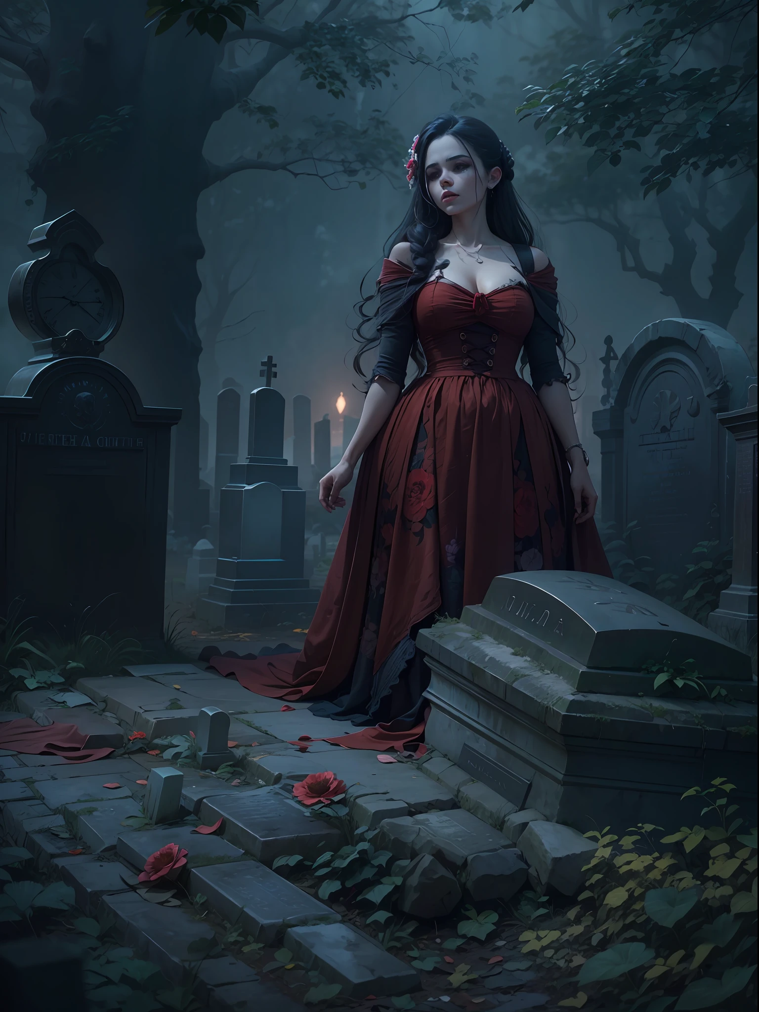 Noiva morta viva, vestido manchado de sangue, macabre cemetery scenery, em volta uma neblina sombria, em noite de lua cheia, imagem perfeita, realista, 8k
