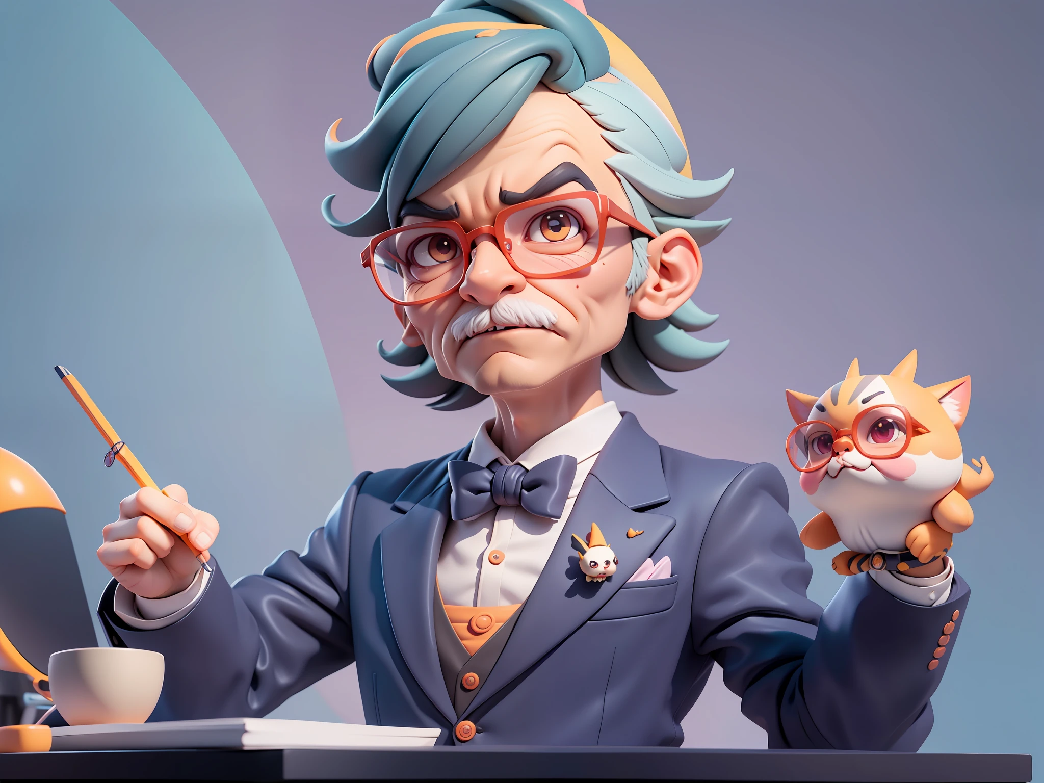 A young man in formal clothes,Short hair and glasses,Sitting at your desk,holding laptop,digitial painting,cartoonish style,4K HD illustration,Very detailed facial features,tigre,Mark Clairdon,by Pixar,3D character design:Hayao Miyazaki and Akira Toriyama, Cartoon-style visuals。