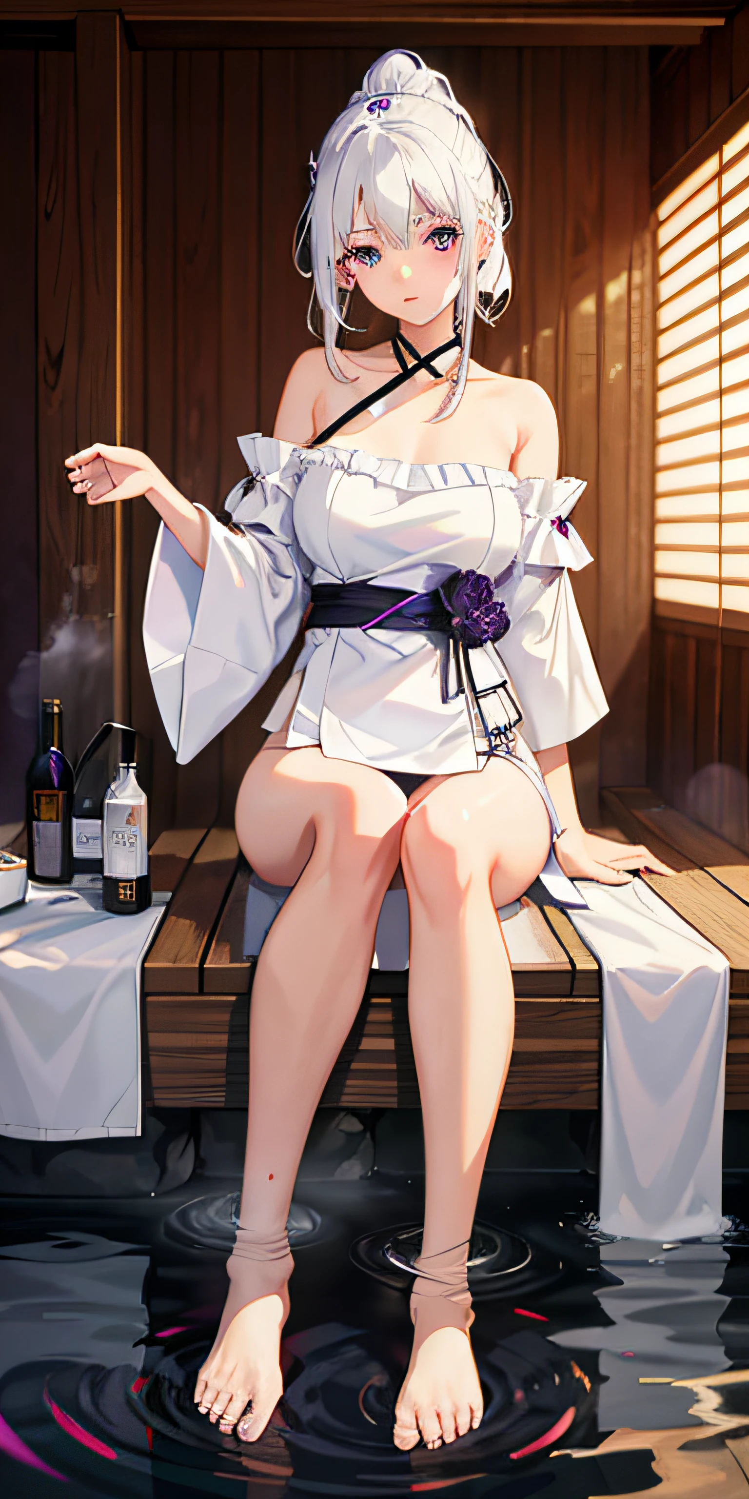 1girl, White hair, Purple eye, sportrait, photorealestic,Long legs，Ruffle your hair，Towels, (onsen), sidelighting, wallpaper, nsfw,