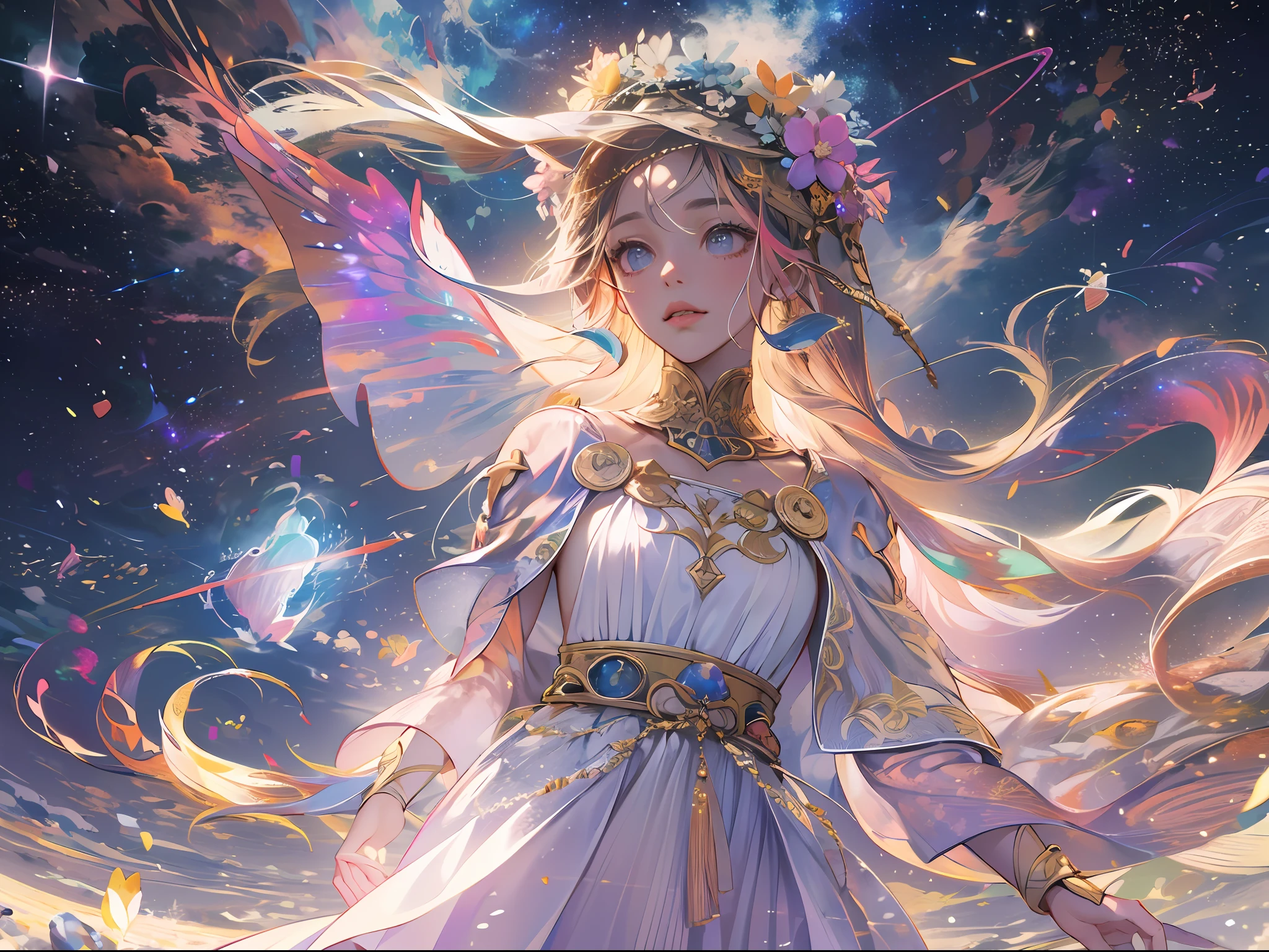 high quality, best quality, masterpiece, detailed portrait of female 1girl, long hair, (floating, space, galaxy, colorful), warm lighting, goddess, galaxy, scenery, multicolored flower crown in hair, {{{best quality}}}, {{ultra-detailed}}, {illustration}, cinematic angle, {detailed light},cinematic lighting, ancient greek dress, celestial, white tunic dress