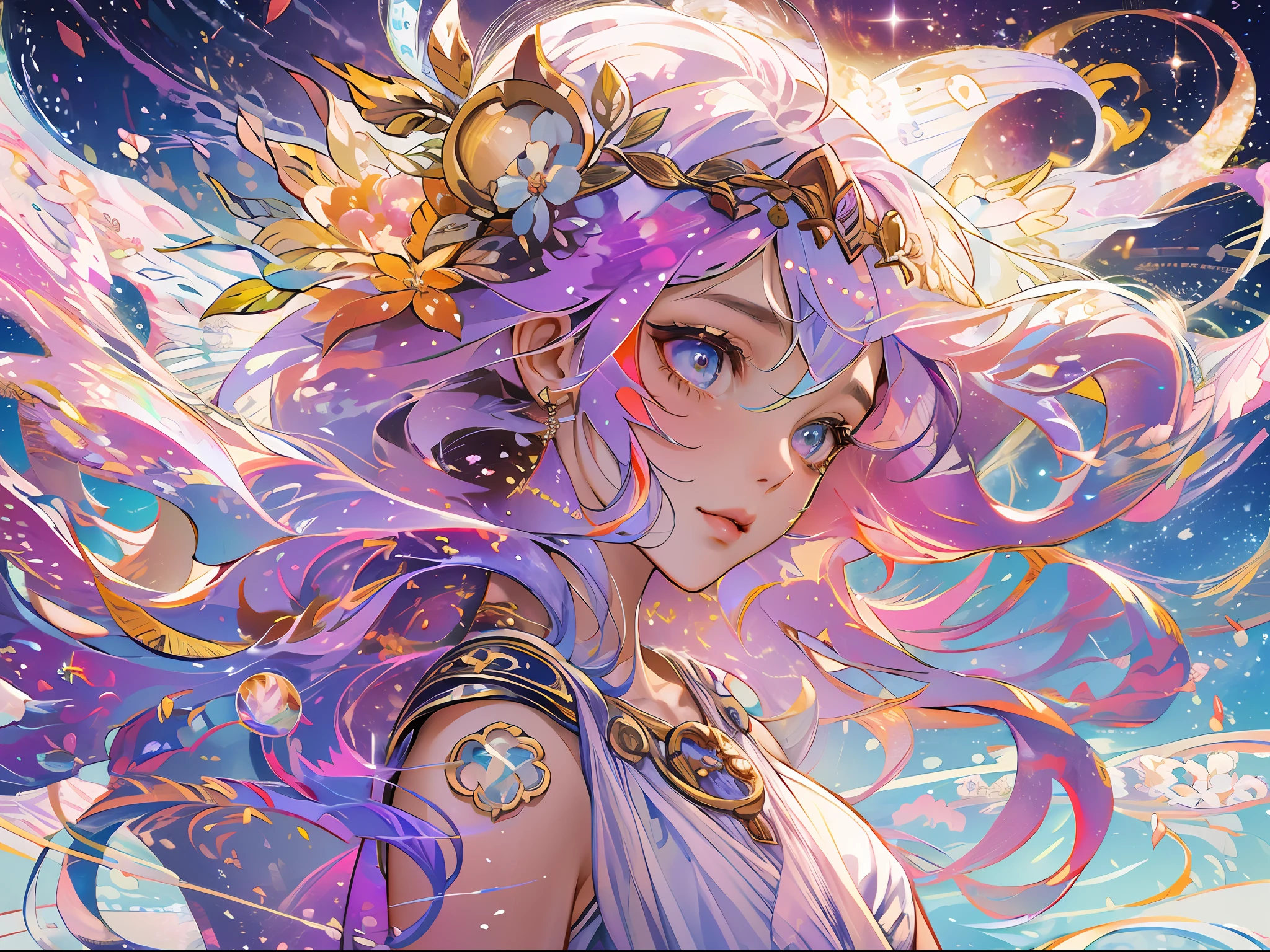 high quality, best quality, masterpiece, detailed portrait of female 1girl, long hair, (floating, space, galaxy, colorful), warm lighting, goddess, galaxy, scenery, multicolored flower crown in hair, {{{best quality}}}, {{ultra-detailed}}, {illustration}, cinematic angle, {detailed light},cinematic lighting, ancient greek dress, celestial, white tunic dress