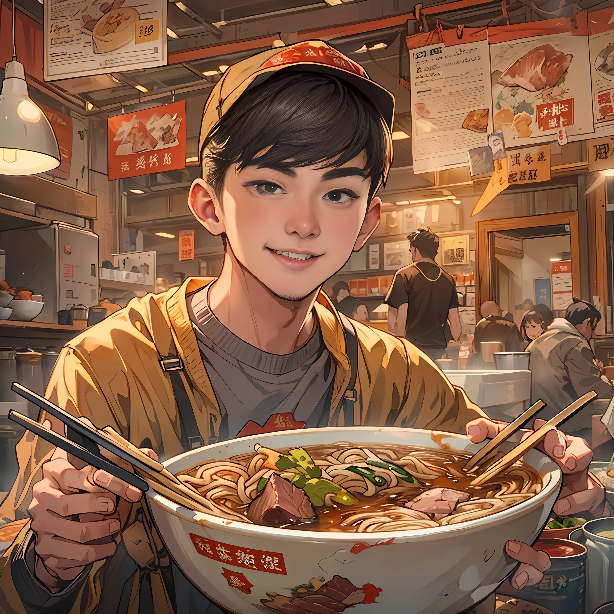 A young live streamer holding a bowl of delicious beef noodles in front of the camera, surrounded by a barrage of praises and requests, with a user named "Top Brother" continuously sending rocket gifts, ,in the style of the stars art group xing xing, 32k, best quality, masterpiece, super detail, high details,