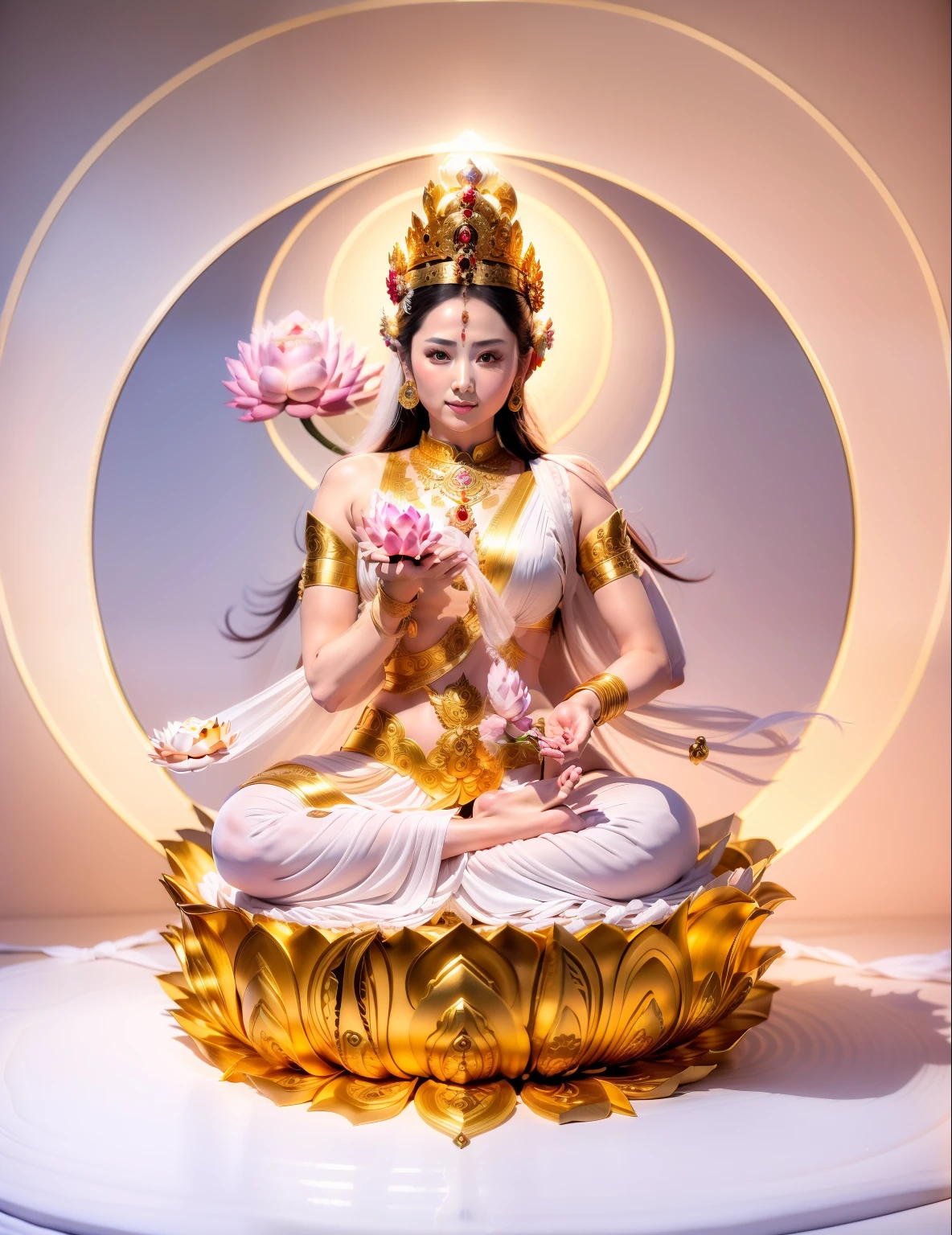 Beautiful goddess，goddes，Goddess in white，Fair skin is delicate and smooth，Crown，Yingluo，sitting on a lotus flower，The head background has a round light，There is a round light behind the body，Blue sky，tmasterpiece，4k，