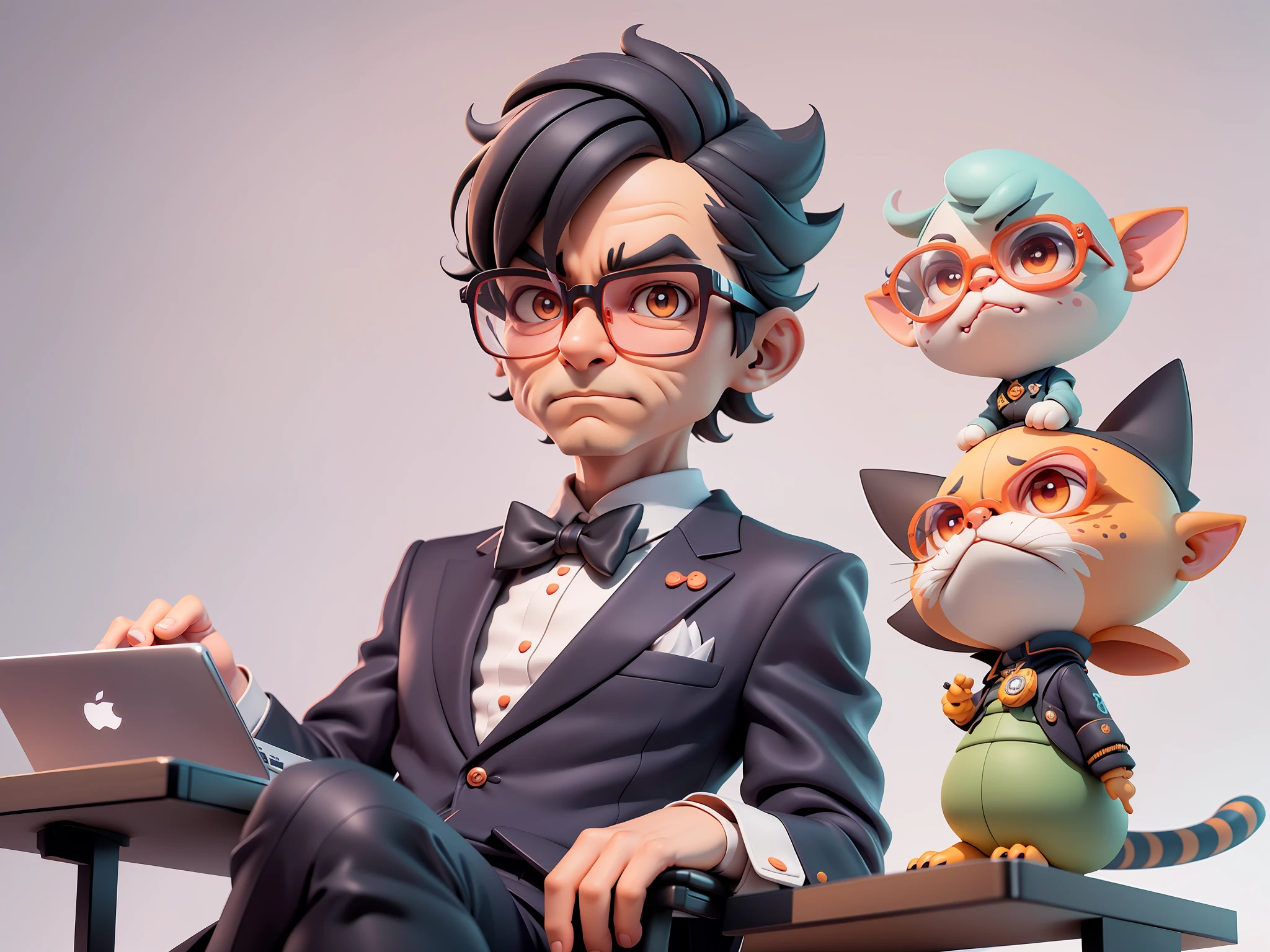 A young man in formal clothes，Short hair and glasses，Sitting at your desk，holding laptop，digitial painting，cartoonish style，4K HD illustration，Very detailed facial features，tigre，Mark Clairdon，by Pixar，3D character design：Hayao Miyazaki and Akira Toriyama, Cartoon-style visuals。