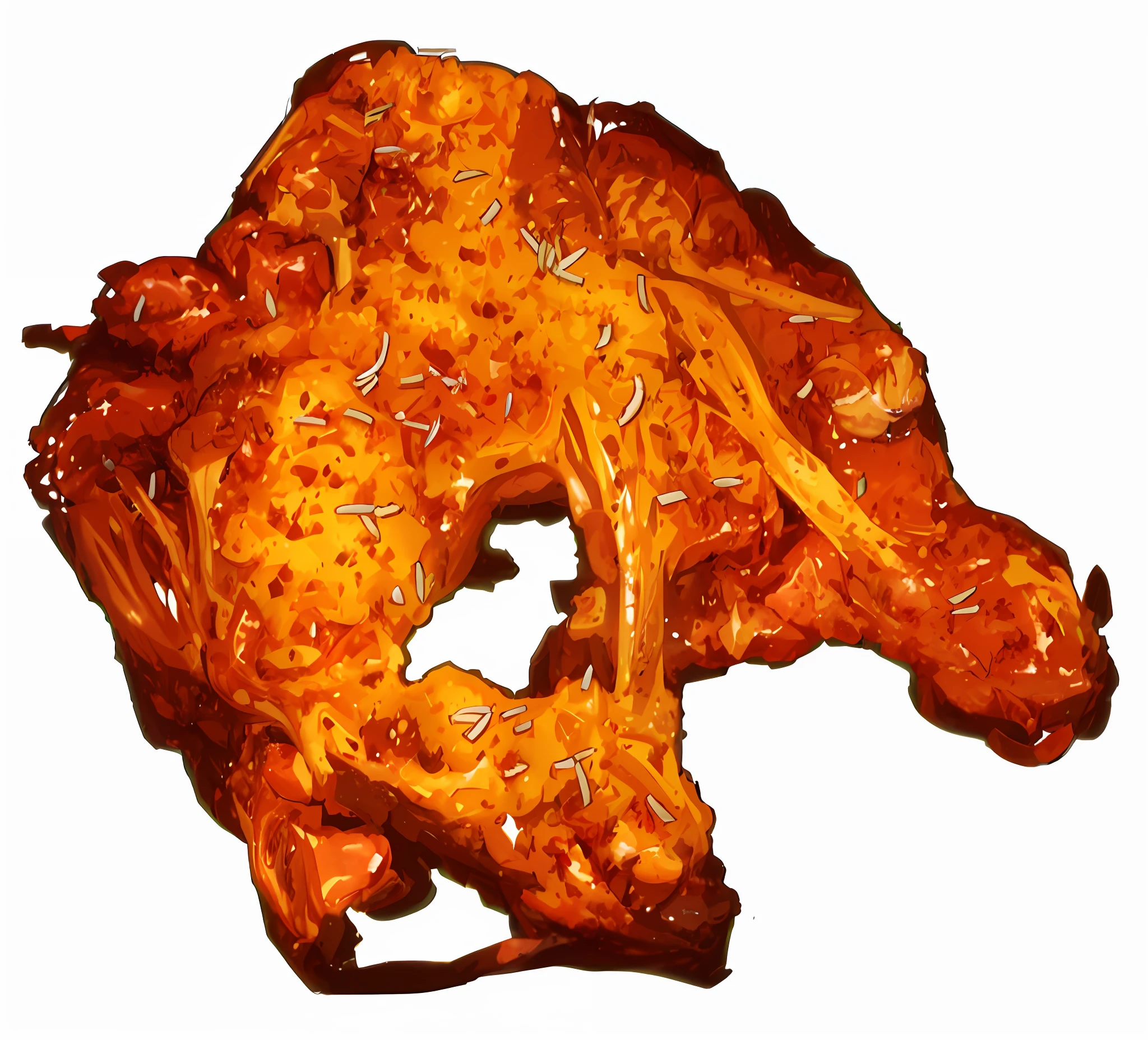 There is a drawing of food,down view， Highly detailed, Chicken skeleton,  brittleness. Digital painting, A digital rendering, Mandel ball vector art, Meat texture, Yum, A digital rendering, Fried chicken, mustafar, digital art - w 640, super realistic food picture, true realistic image