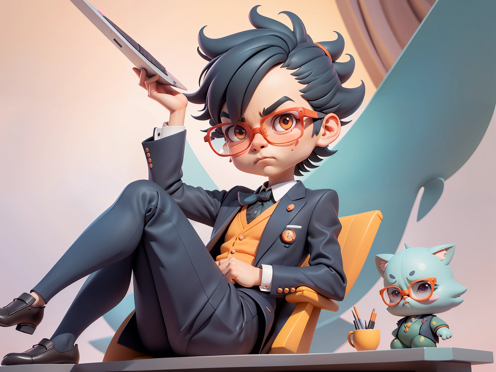 A young man in formal clothes,Short hair and glasses,Sitting at your desk,holding laptop,digitial painting,cartoonish style,4K HD illustration,Very detailed facial features,tigre,Mark Clairdon,by Pixar,3D character design:Hayao Miyazaki and Akira Toriyama, Cartoon-style visuals。