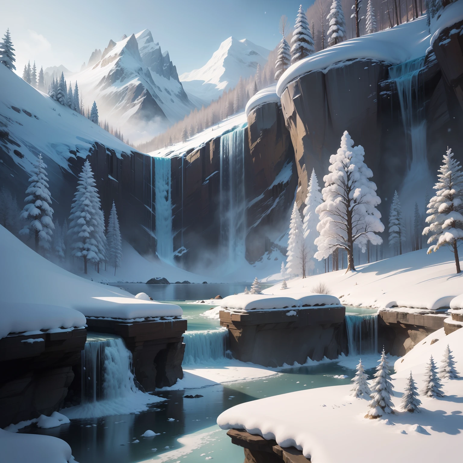 Snowy scene,There are frozen waterfalls and trees in the foreground, concept art by Alexander Brook, shutter inventory, baroque, fantasia de cena de inverno, frozen waterfall, pillars of ice background, surreal frozen landscape, Blue drapery in winter, Cascades waterfalls background, snow landscape background, icy landscape, beautiful fractal ice background, beautiful snowy landscape, beautiful winter area, Snowy background, Winter forest, snow forest