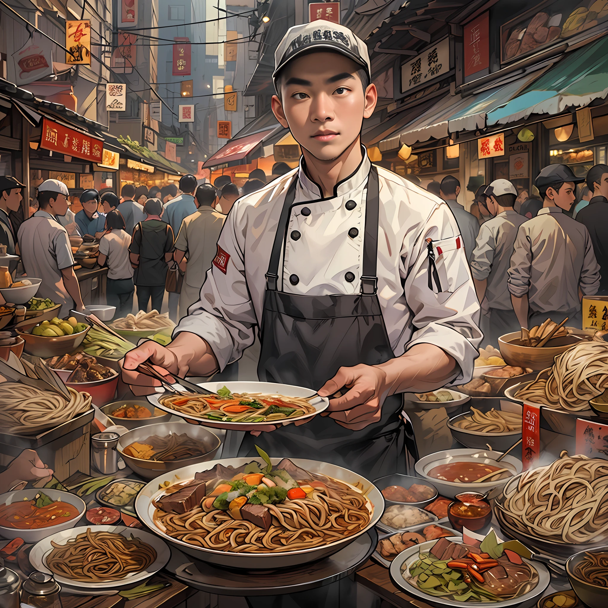 A young and talented chef holding a plate of tempting beef noodles, surrounded by a bustling market scene, ,in the style of the stars art group xing xing, 32k, best quality, masterpiece, super detail, high details