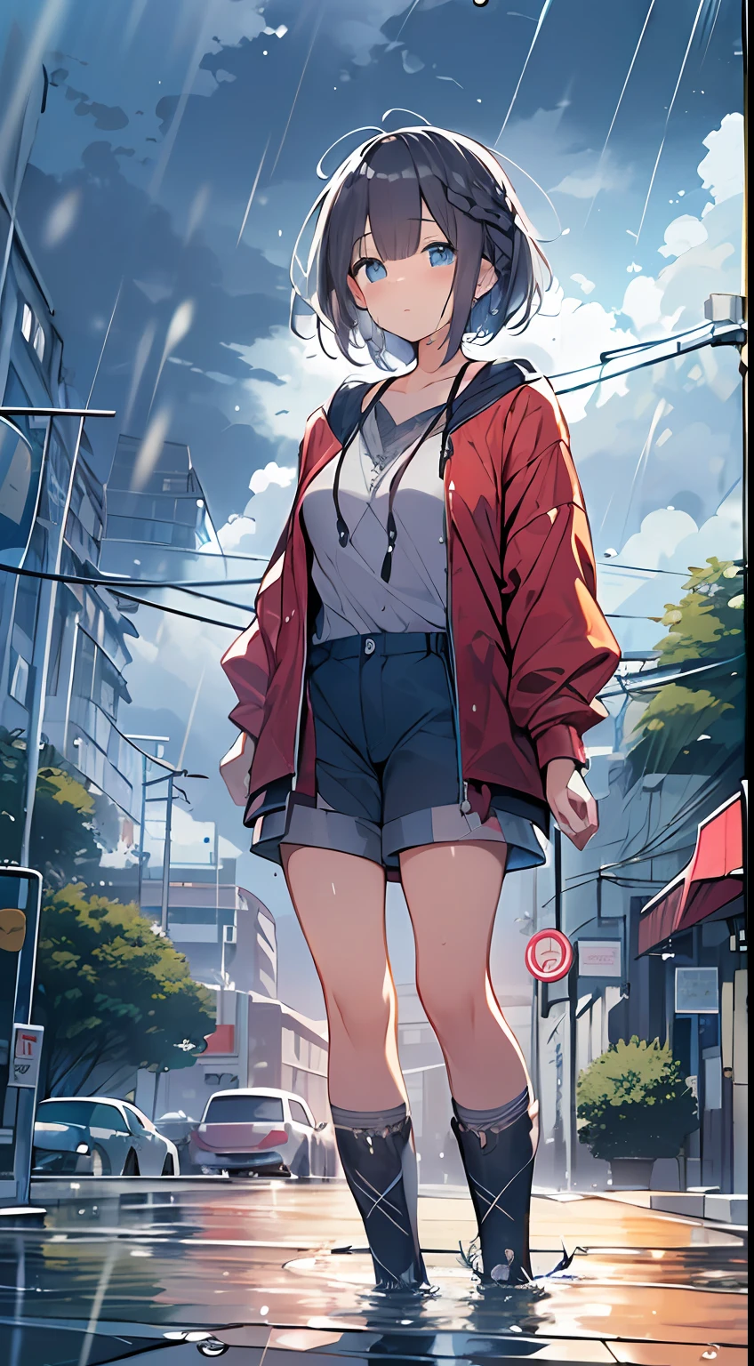 masutepiece, Best Quality,Illustration, Wallpaper, Ultra Detail, absurderes, 1girl in, Solo, (Medium short hair、short braided hair), Beautiful detailed eyes, rainfall、water dripping、wetting hair , Looking to the side, (Street:1.5), Cloudy sky、Bright scenery