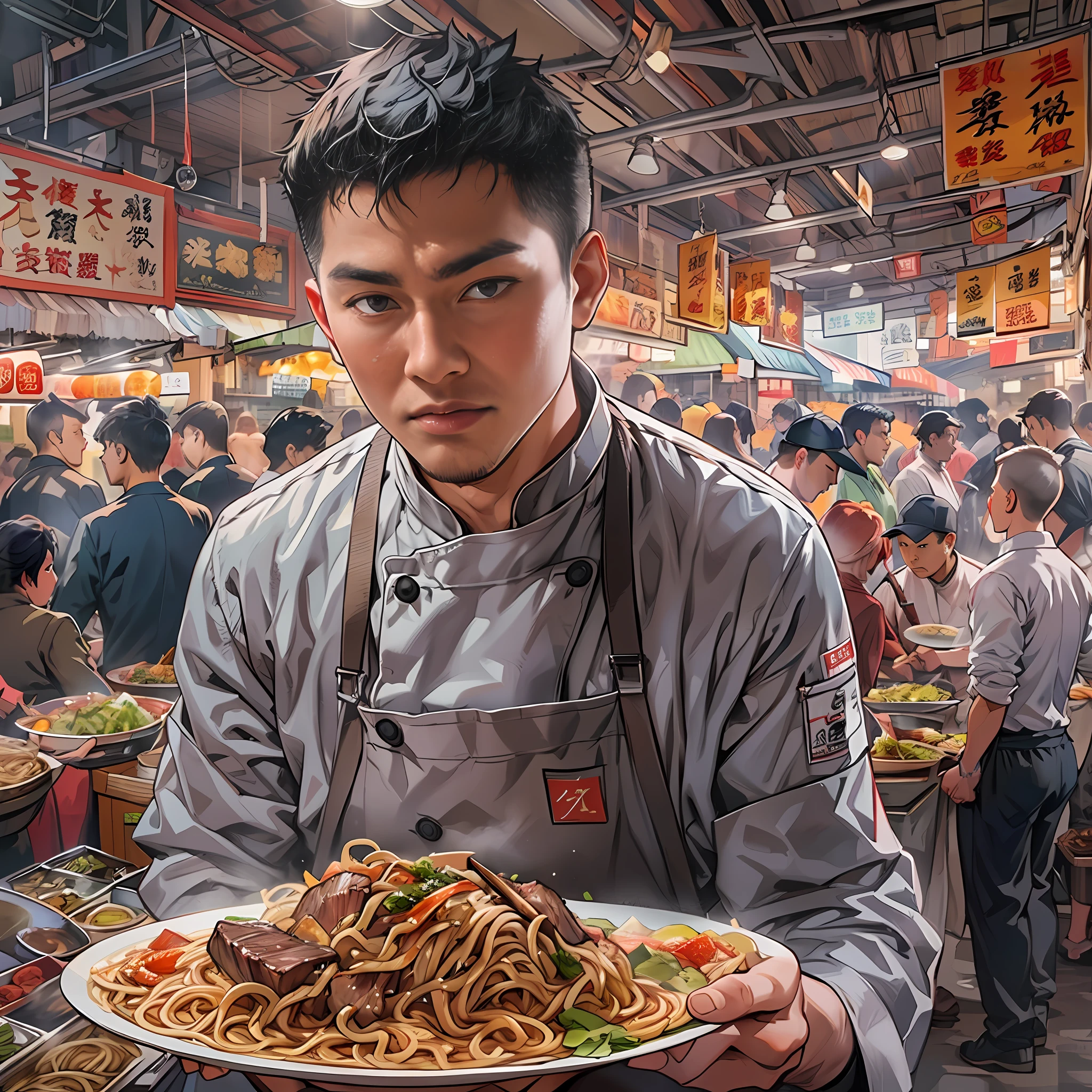A young and talented chef holding a plate of tempting beef noodles, surrounded by a bustling market scene, ,in the style of the stars art group xing xing, 32k, best quality, masterpiece, super detail, high details