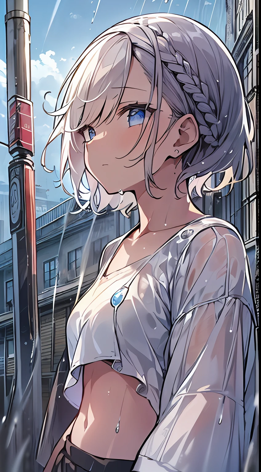 masutepiece, Best Quality,Illustration, Wallpaper, Ultra Detail, absurderes, 1girl in, Solo, (Medium short hair、short braided hair), Beautiful detailed eyes, rainfall、water dripping、wetting hair , Looking to the side, (Street:1.5), Cloudy sky、Bright scenery