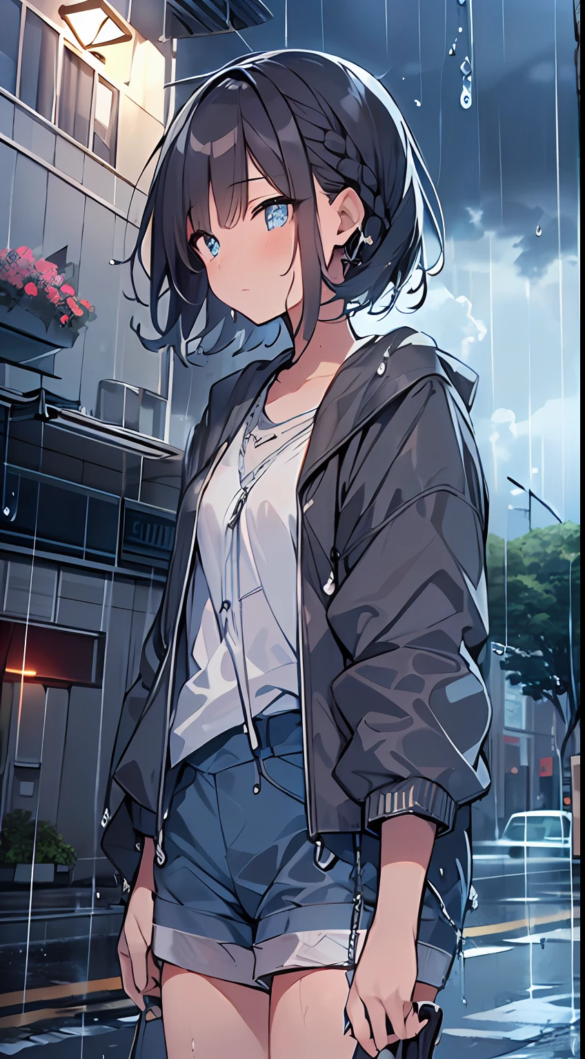 masutepiece, Best Quality,Illustration, Wallpaper, Ultra Detail, absurderes, 1girl in, Solo, (Medium short hair、short braided hair), Beautiful detailed eyes, rainfall、water dripping、wetting hair , Looking to the side, (Street:1.5), Cloudy sky、Bright scenery