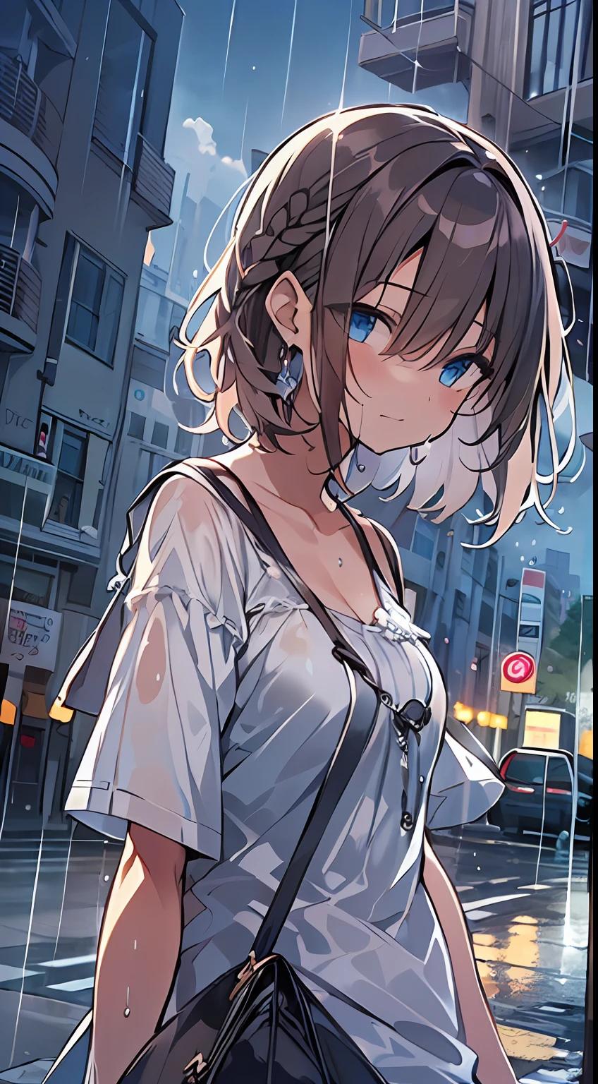 masutepiece, Best Quality,Illustration, Wallpaper, Ultra Detail, absurderes, 1girl in, Solo, (Medium short hair、short braided hair), Beautiful detailed eyes, rainfall、water dripping、wetting hair , Looking to the side, (Street:1.5), Cloudy sky、Bright scenery