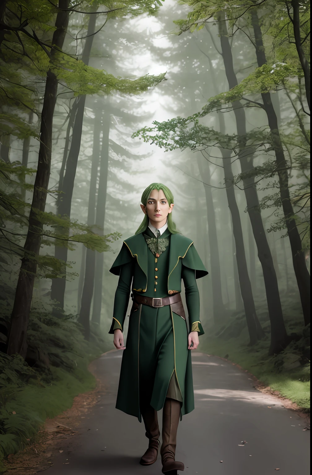 On the road stood a man dressed in green。,( portrait of an elf,) fantasy character photo,( portrait of a slender elven man, Middle-aged elves, Portrait of the male elf Lynn), character photography, portrait of an elf, portrait of a forest mage, inspired by the senior character artist, a male elf, The wood elves, matte painting portrait shot