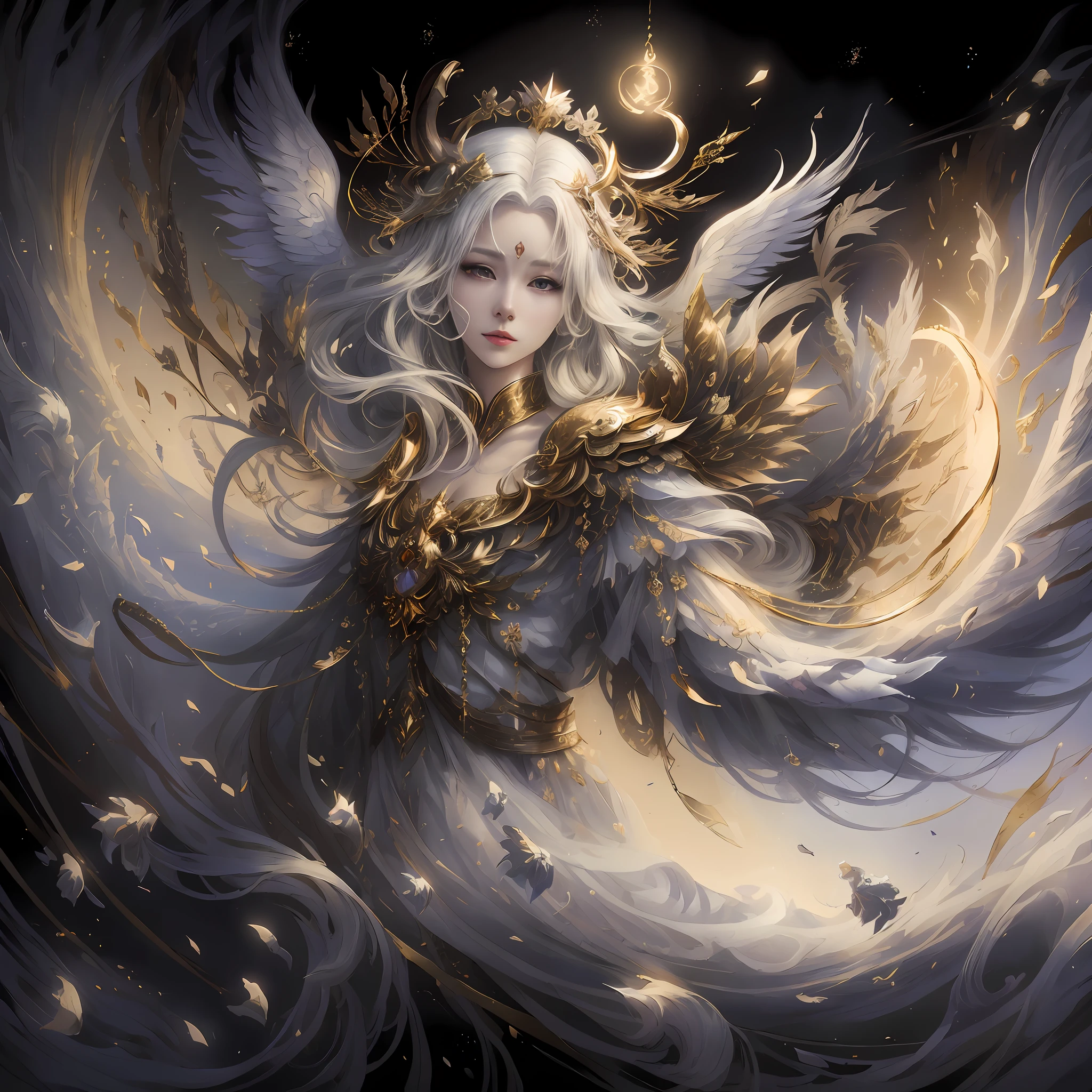Anime, A woman with white hair and a golden crown, flying through the air, by Yang J, Beautiful young wind spirit, Anime fantasy illustration, Goddess. Extremely high detail, Beautiful celestial mage, White-haired god, Anime fantasy artwork, detailed fantasy art, beautiful angel, astral fairy, detailed fantasy digital art, A beautiful artwork illustration, beautiful fantasy art