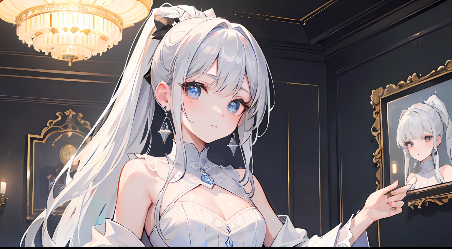 (best quality, masterpiece: 1.2), ultra-high resolution, realistic, front lighting, intricate details, exquisite details and textures, 1girl, solo, (young), face illumination, upper body, detailed face, tear mole, white skin, silver hair, ponytail, pigtail hair, looking at the viewer, big eyes, silk robe, (hollow pattern, white, silk), earrings, small breasts, slim body, luxury room, professional lighting, photon display,   radio, physical rendering,