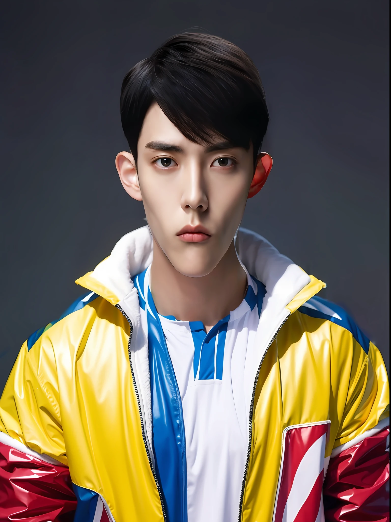 A Chinese male high school student,Wear PVC color casual sportswear