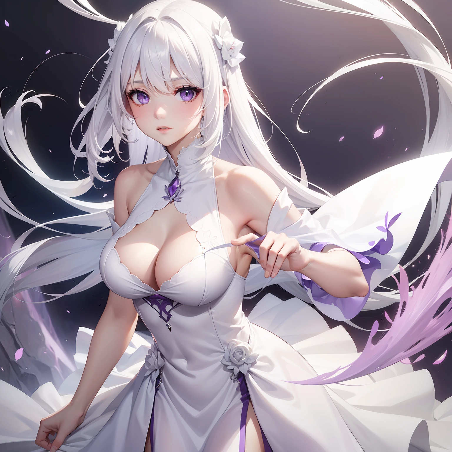 a women, white hair, purple eyes, white dress