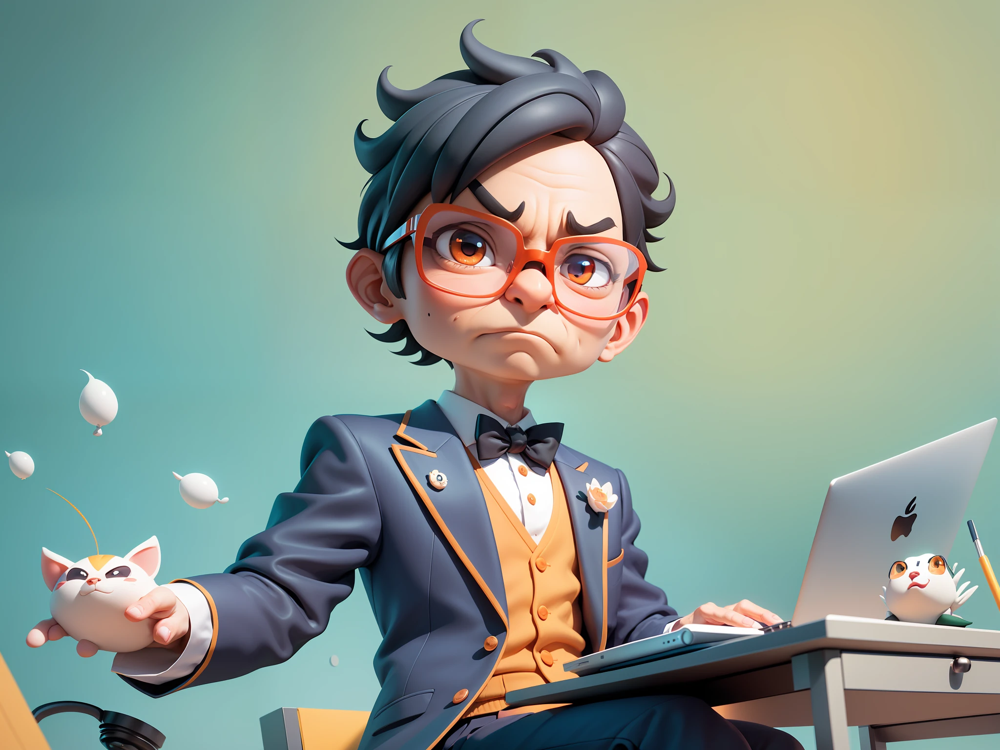 A young man in formal clothes,Short hair and glasses,Sitting at your desk,holding laptop,digitial painting,cartoonish style,4K HD illustration,Very detailed facial features,tigre,Mark Clairdon,by Pixar,3D character design:Hayao Miyazaki and Akira Toriyama, Cartoon-style visuals。
