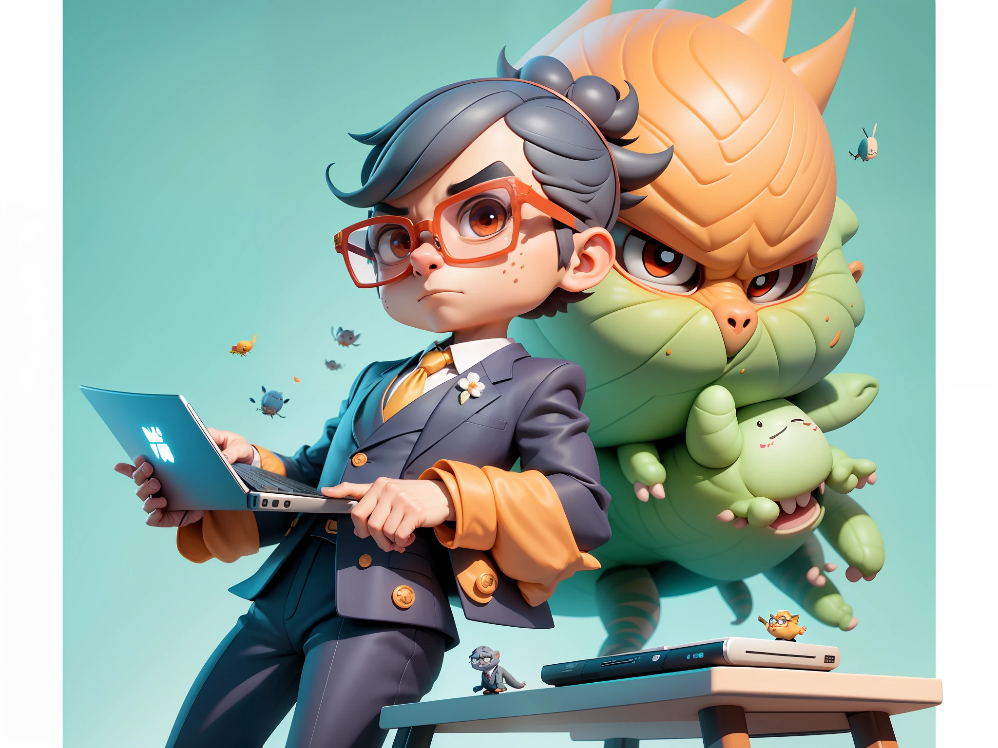 A young man in formal clothes,Short hair and glasses,Sitting at your desk,holding laptop,digitial painting,cartoonish style,4K HD illustration,Very detailed facial features,tigre,Mark Clairdon,by Pixar,3D character design:Hayao Miyazaki and Akira Toriyama, Cartoon-style visuals。